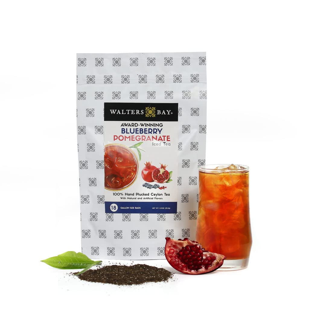 Walters Bay Té helado de granada de arándanos, 18 unidades, bolsas de té de tamaño de galón, té negro de Ceilán, sin azúcar, sabor a granada de