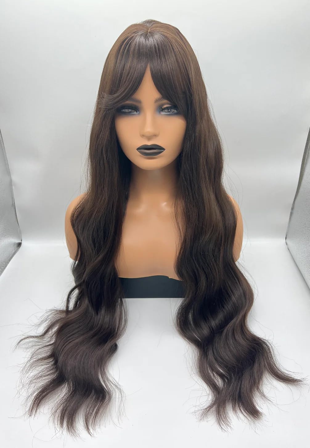 JOLIN – Peluca de cabello ondulado extra largo color marrón natural con flequillo en capas, ondulado, sin pegamento, pelucas de cabello largo para