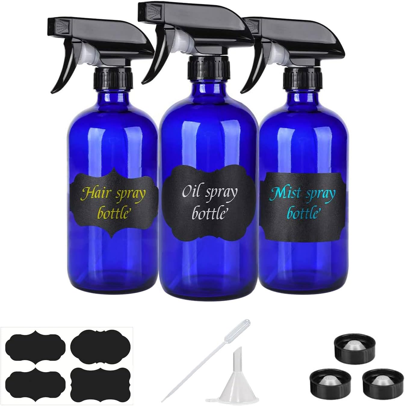 Botellas de vidrio azul de 16 onzas  Paquete de 3 botellas vacías recargables para soluciones de limpieza, aceites esenciales, plantas, cabello