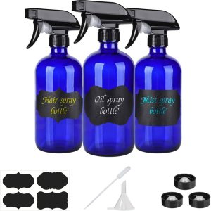 Botellas de vidrio azul de 16 onzas Paquete de 3 botellas vacías recargables para soluciones de limpieza, aceites esenciales, plantas, cabello Botellas de vidrio azul de 16 onzas Paquete de 3 botellas vacías recargables para soluciones de limpieza, aceites esenciales, plantas, cabello