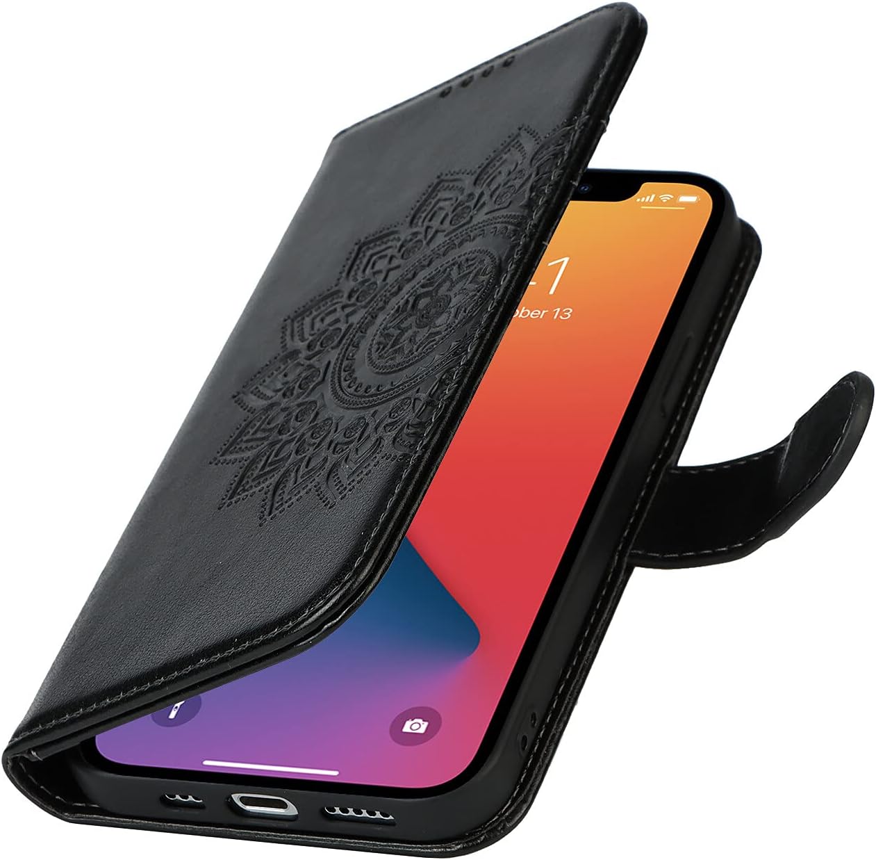 SunYoo Funda magnética de cuero con estampado de flores para iPhone 11 Pro (5.8 pulgadas), color negro