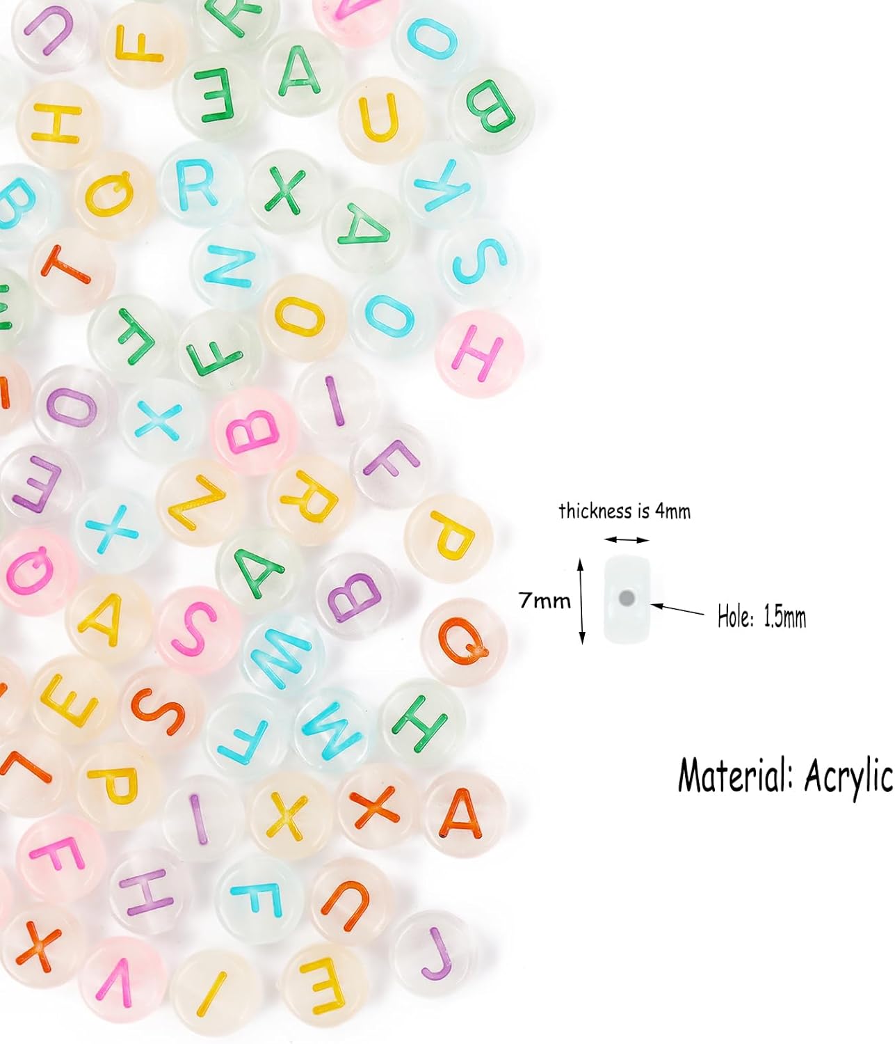 500 cuentas de letras brillantes acrílicas luminosas que brillan en la oscuridad, cuentas para hacer pulseras, collares, joyas (letra colorida)