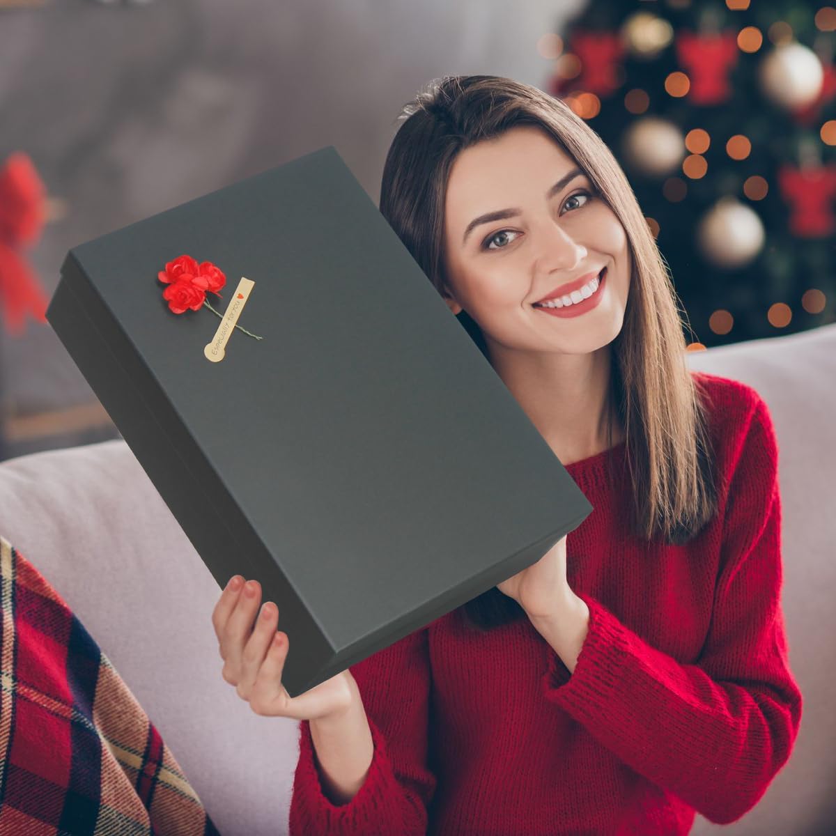Cajas de regalo negras, un juego de 5 cajas de regalo con tapas para regalos, cajas preenvueltas para regalos, caja de regalo resistente para