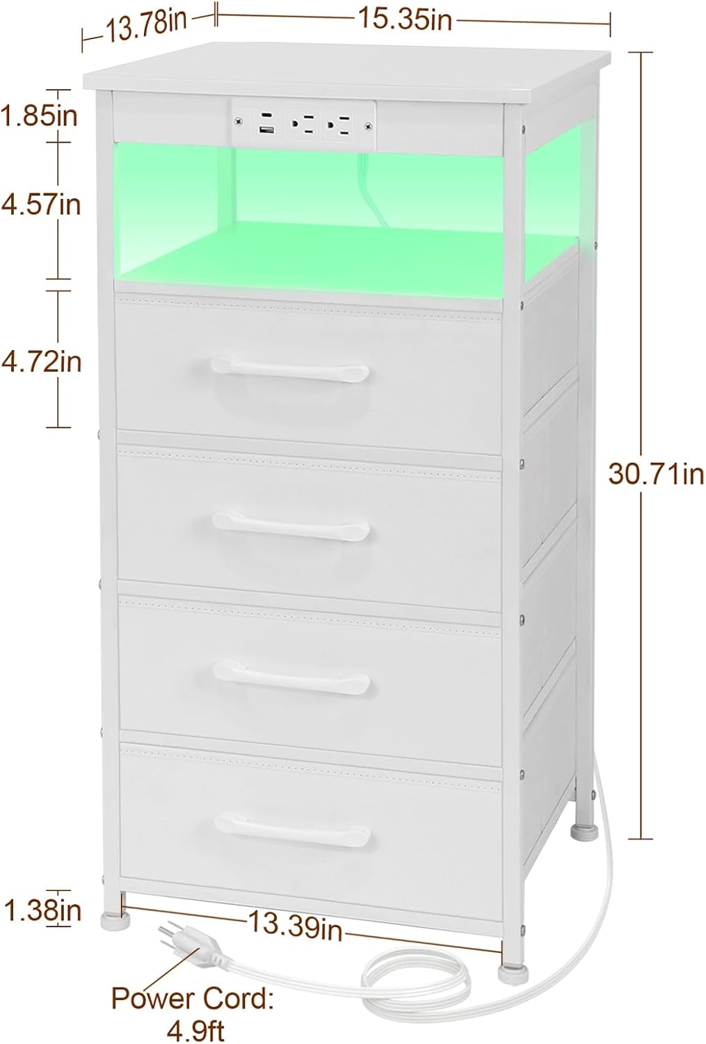 LOAKEKEL Juego de 2 mesitas de noche blancas con estación de carga, mesas auxiliares LED con puertos USB C y 2 tomas, mesita de noche con 4 cajones