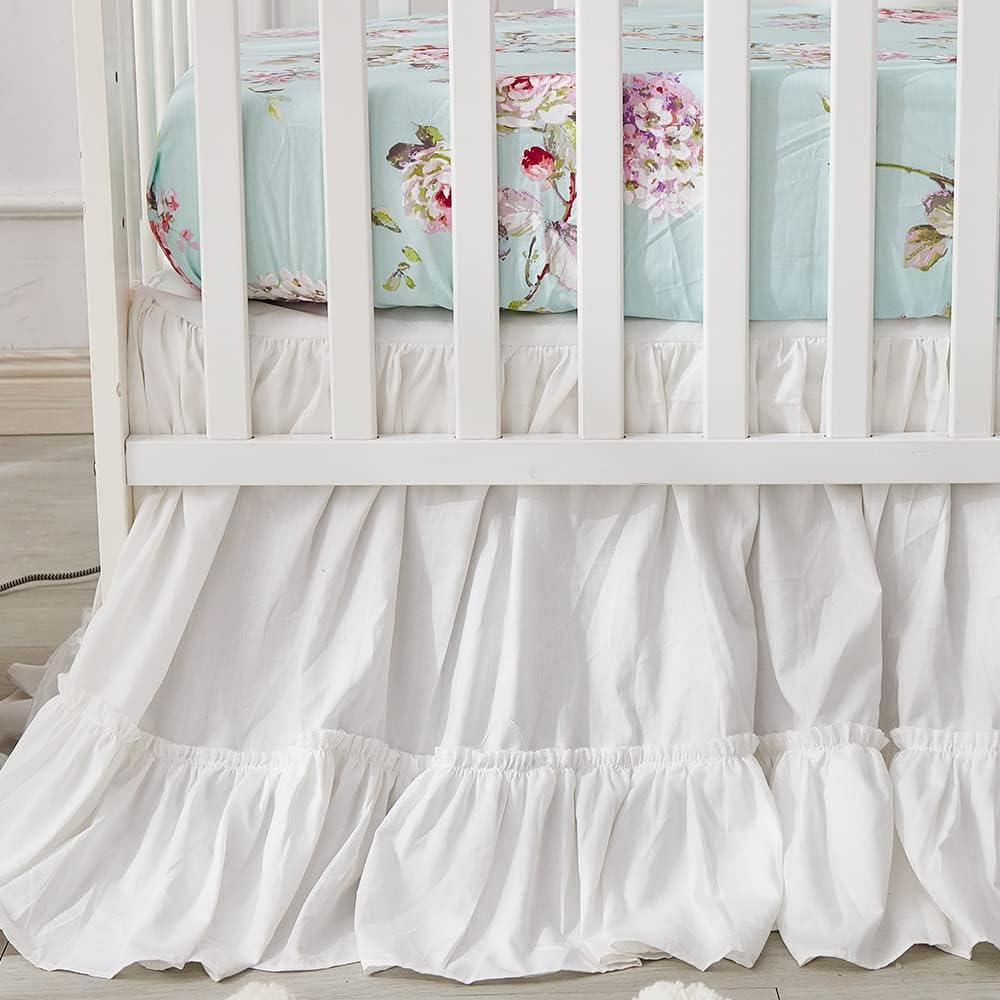 Brandream Juego de ropa de cama de cuna francesa para niñas, juego de guardería floral de 3 piezas, edredón de bebé con volantes, sábana de cuna,
