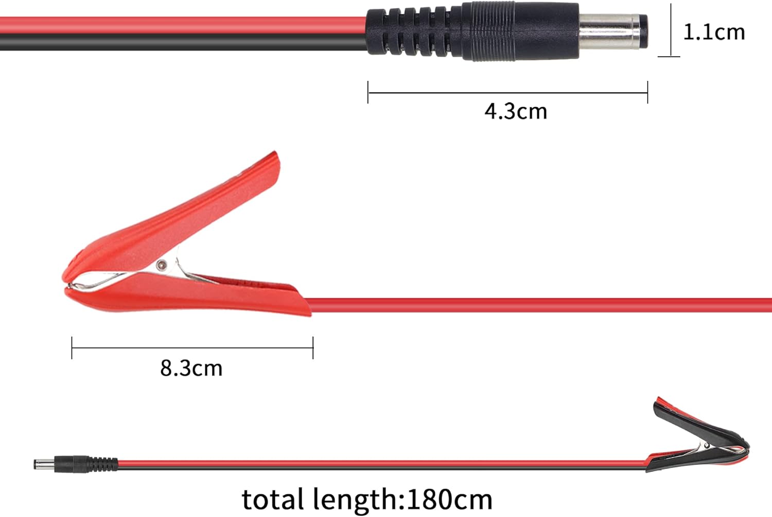 YACSEJAO Cable de pinzas de cocodrilo de batería de CC 5.5 de 0.083 in macho a batería, cable de extensión de 12-24 V con abrazadera de batería para