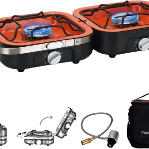 BakerStone Estufa de campamento de propano 2 quemadores ajustables con 20,000 BTU, estufa de campamento plegable portátil para exteriores, estufa de BakerStone Estufa de campamento de propano 2 quemadores ajustables con 20,000 BTU, estufa de campamento plegable portátil para exteriores, estufa de
