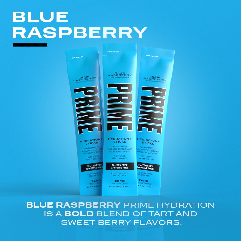 PRIME HYDRATION + Sticks Blue Raspberry  Palitos de hidratación en polvo de una sola porción  Polvo de electrolitos sobre la marcha  250 mg de BCAA,