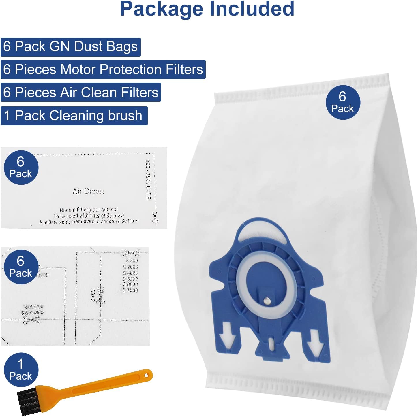Paquete de 6 bolsas de repuesto 3D Airclean GN para bolsas de aspiradora Miele GN, Classic C1, C1 completo, C2 completo, C3, S227, S240, S270, S400,