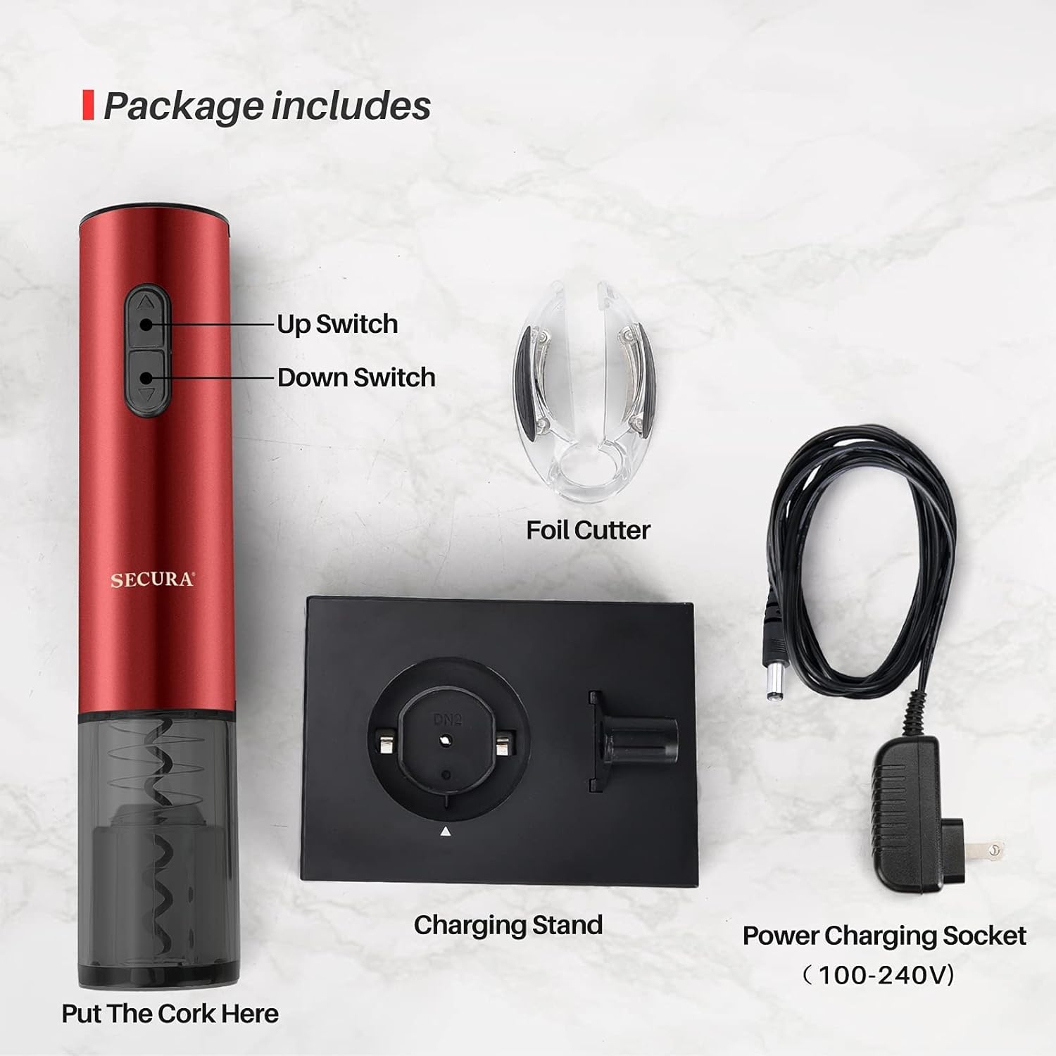 Secura Abridor de vino eléctrico, sacacorchos eléctrico automático de botellas de vino con cortador de papel de aluminio, recargable (rojo)