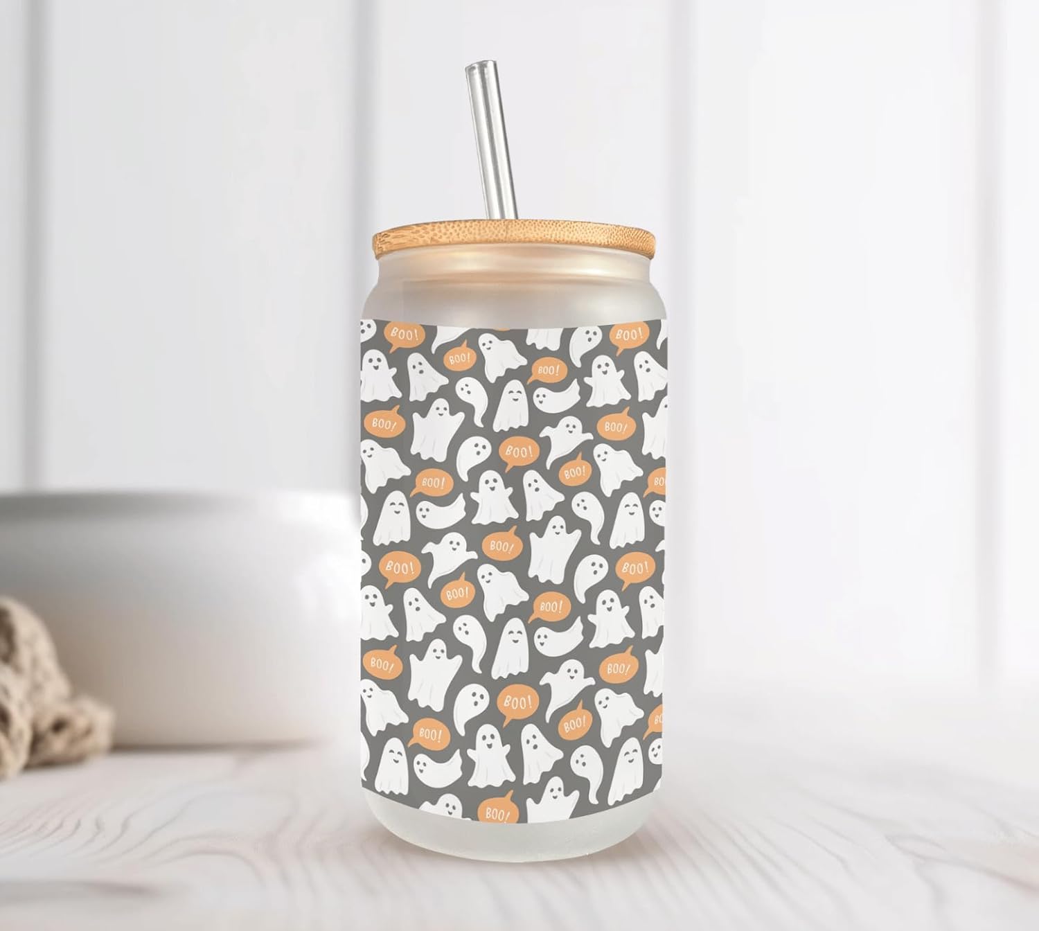 Cute Little Ghost Frosted Glass Can with Bamboo Lid, straw and cleaning brush, 16 Oz Halloween Vibes Glass Cup Mugzan