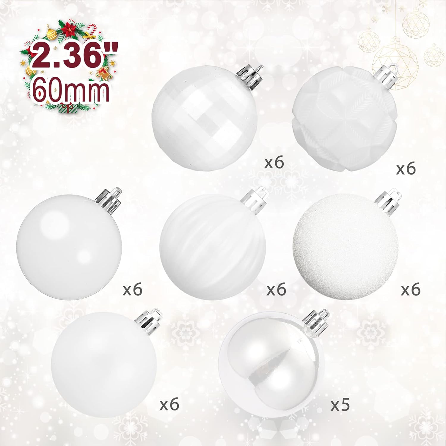 ZHMTang – Bolas de Navidad de 41 quilates 2.36 pulgadas (60 mm, blanco)