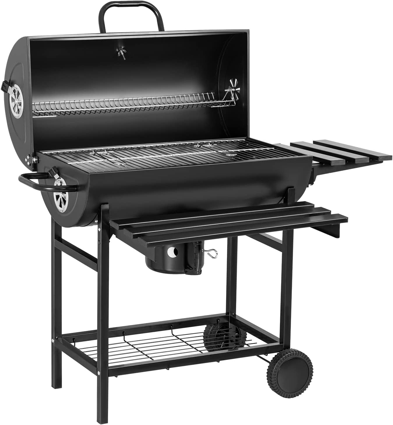 Flamaker Parrilla de carbón estilo barril barbacoa parrilla de carbón con tres estantes de artículos, termómetro de doble capa de hierro cromado
