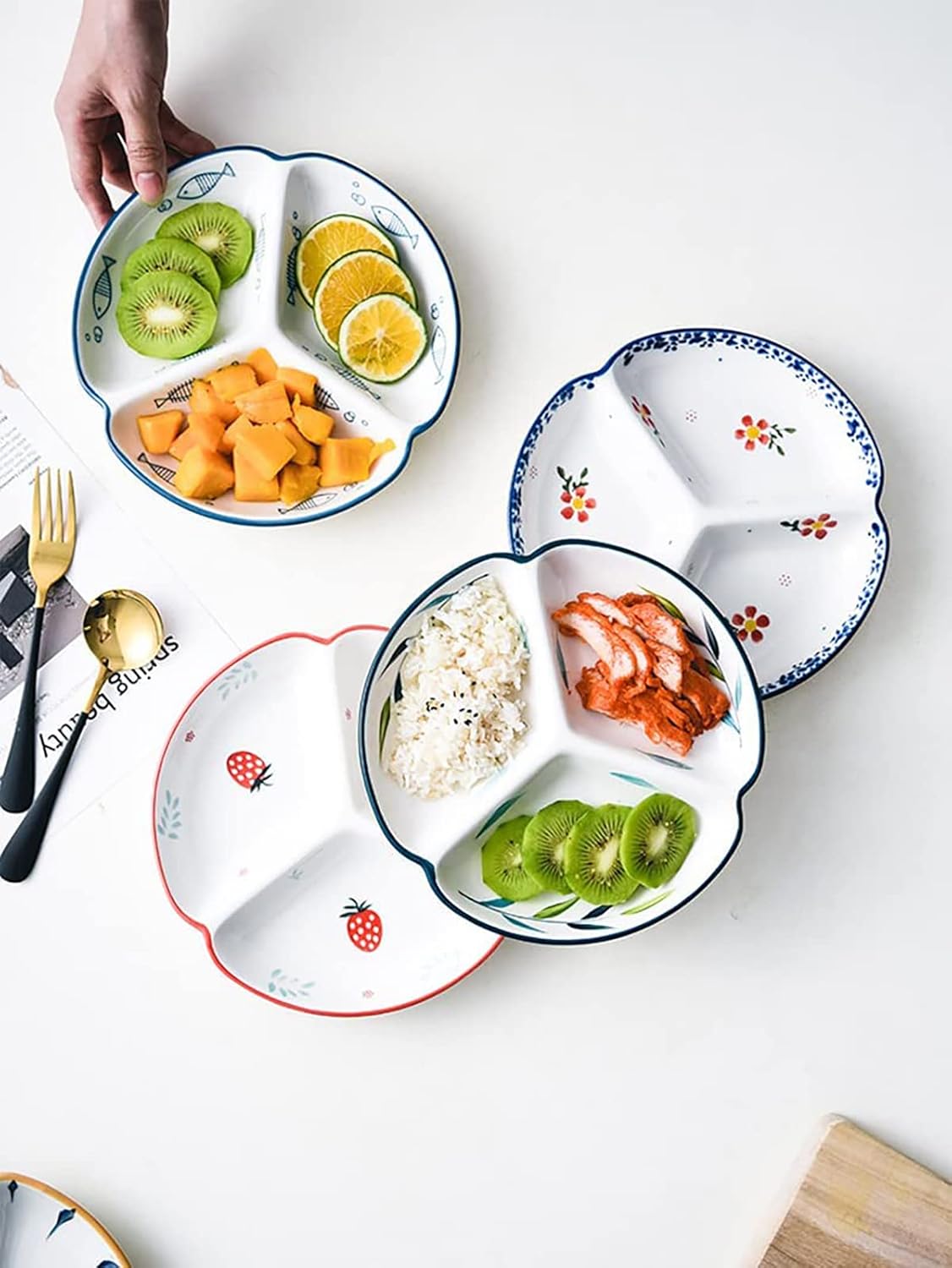 Plato de cerámica para control de porciones, platos divididos para platos de postre, platos llanos para aperitivos, plato de ensalada, bandejas para