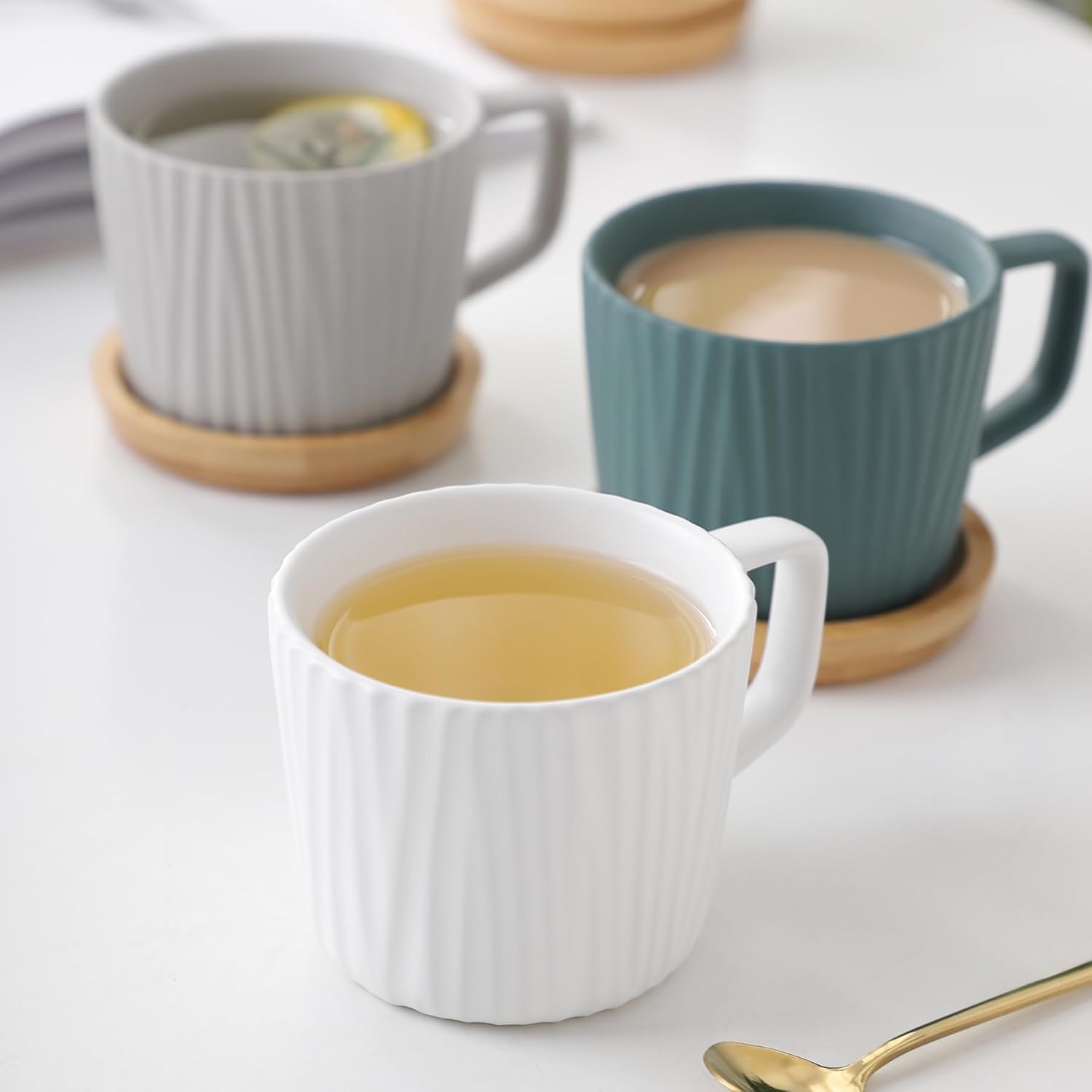 Juego de 6 tazas de café de cerámica, juego de leche y té con estante, taza de 8 onzas para té, latte, capuchino, café moca y yogur (blanco x 2 +