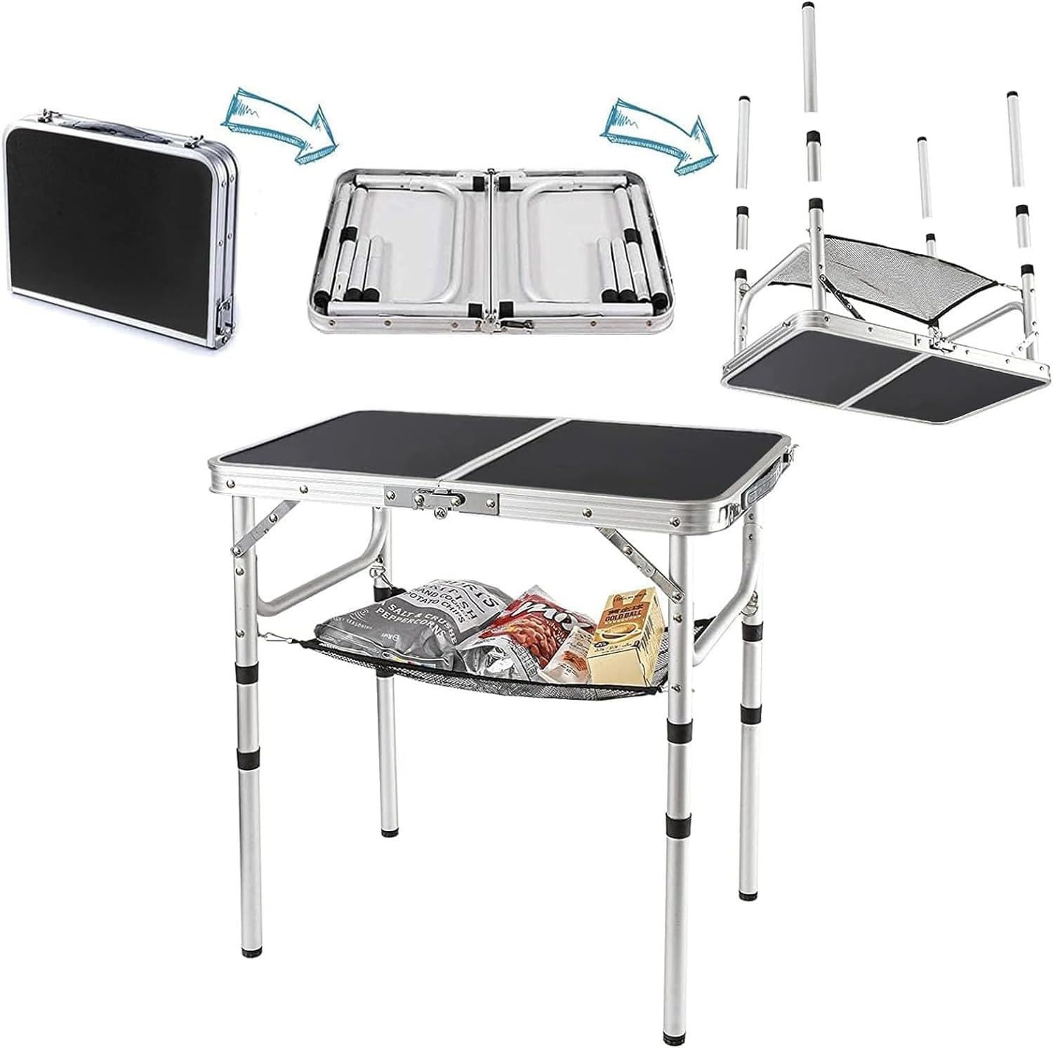 Mesa plegable pequeña de 2 pies, mesa de campamento portátil con soportes de malla, altura ajustable de aluminio ligero, con asa de transporte para