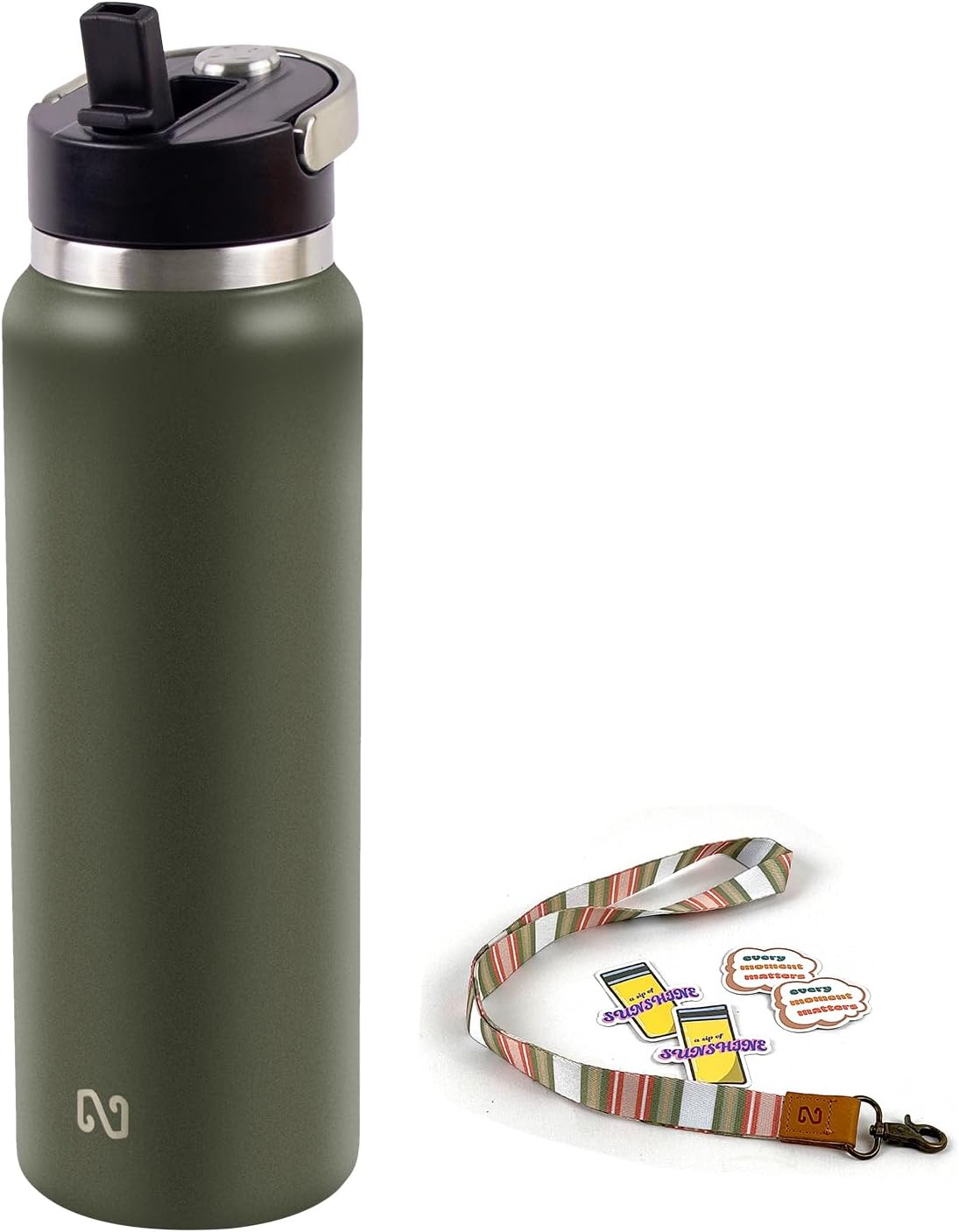 Botella de agua aislada sin BPA, botella de agua metálica de 40 onzas, de acero inoxidable con popote y tapa con asa, botella de agua térmica
