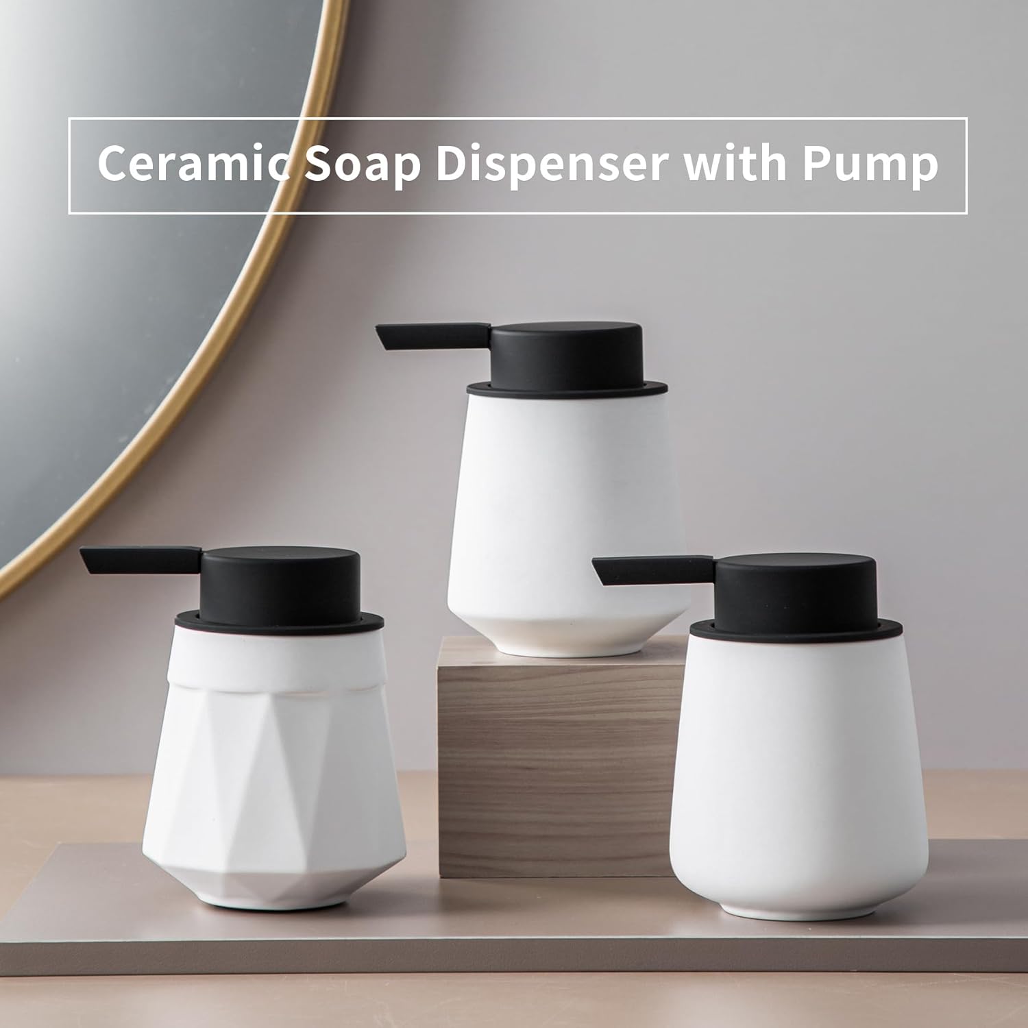 Dispensador de jabón espumoso, dispensador de jabón de manos de cerámica de 12 oz11.8 fl oz para baño, dispensador de jabón líquido pequeño blanco