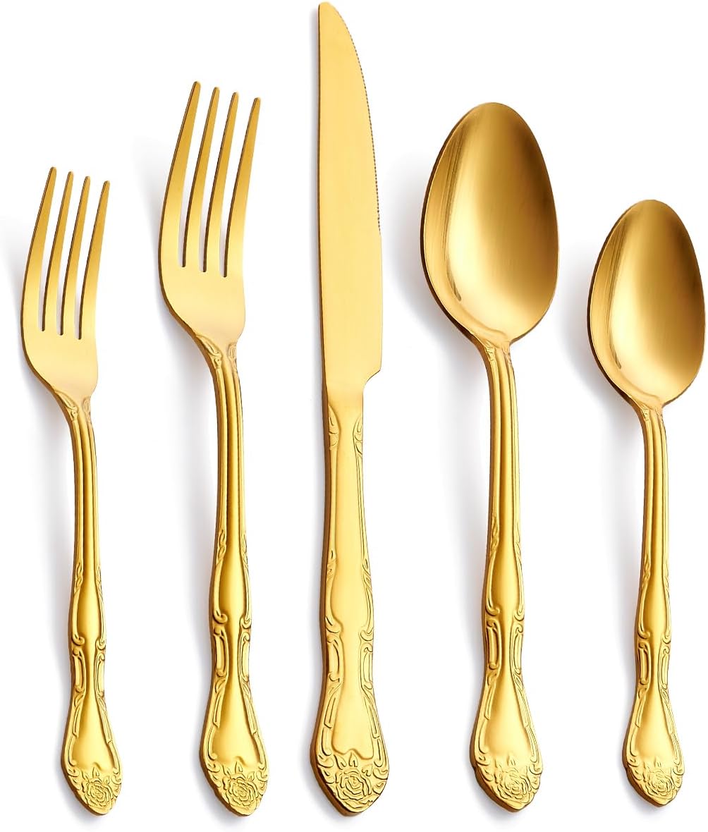 Juego de cubiertos dorados de 30 piezas, cubiertos de acero inoxidable con acabado satinado que incluye tenedores, cucharas y cuchillos, diseño de