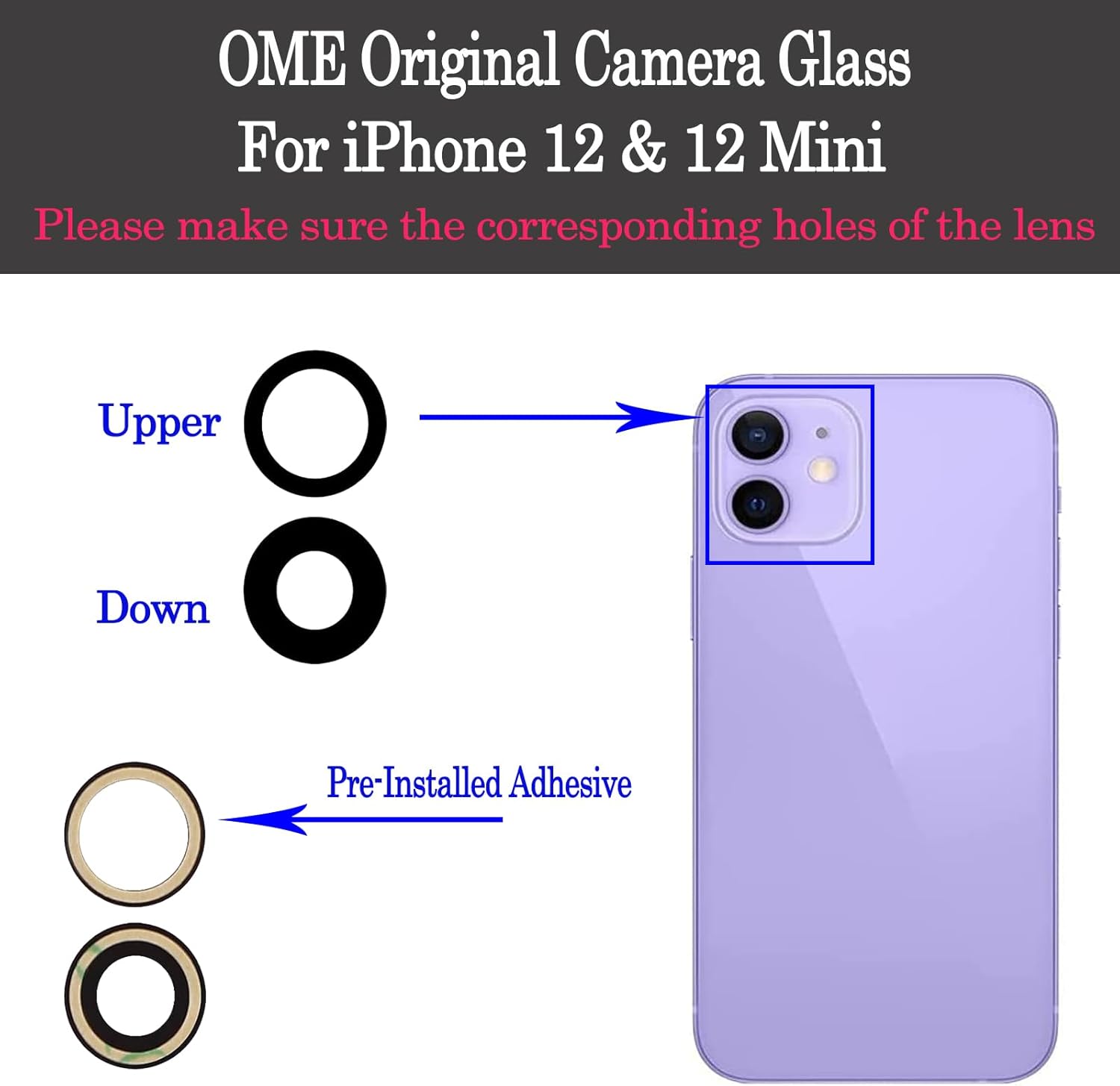 Fixcella – Juego de 2 lentes de repuesto para cámara trasera trasera para iPhone 12 y 12 Mini, lente de cámara de teléfono celular OEM Fixcella con