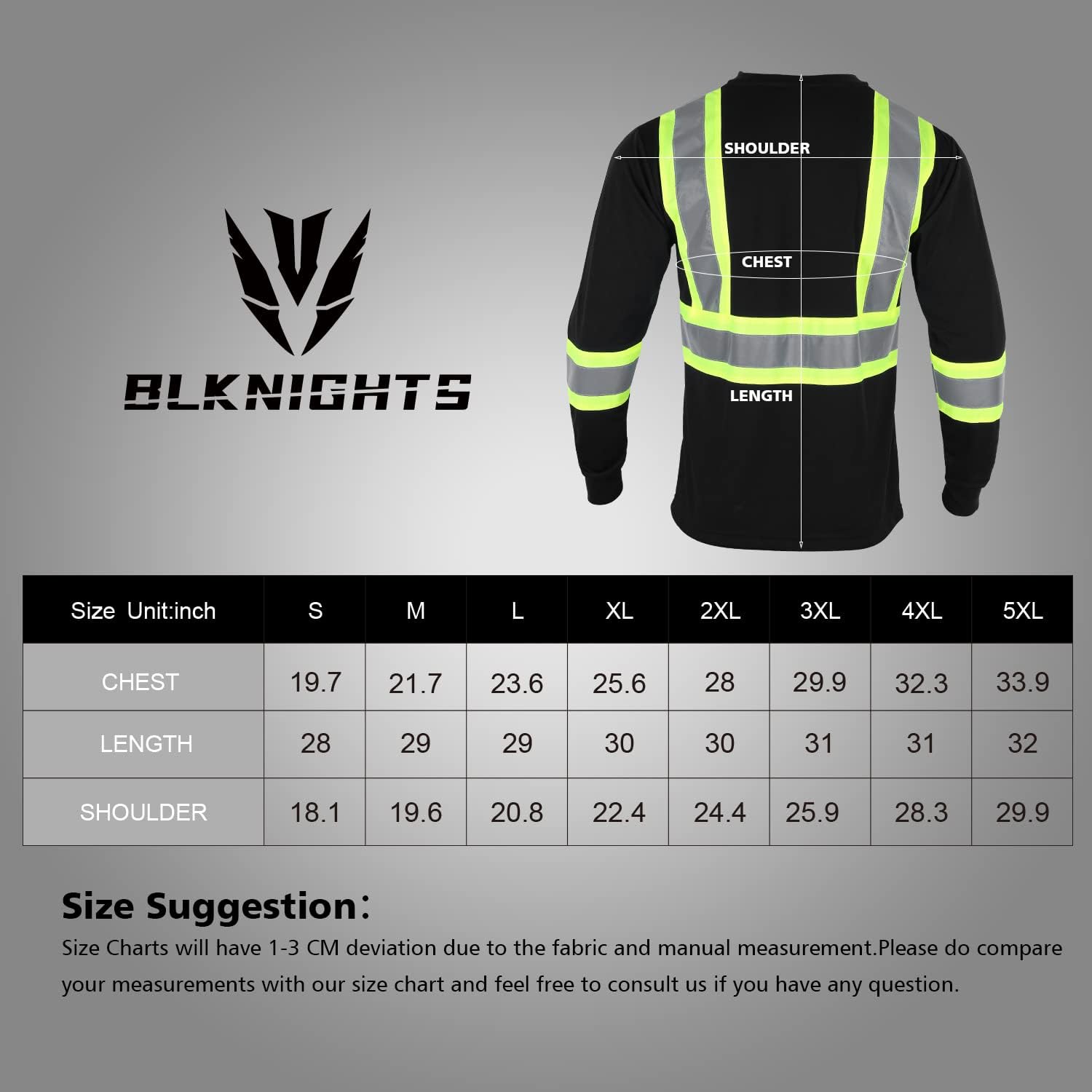 BLKNIGHTS Camisa de seguridad reflectante de alta visibilidad para hombres ANSI Clase 2 Trabajo de construcción Camisa negra de manga larga