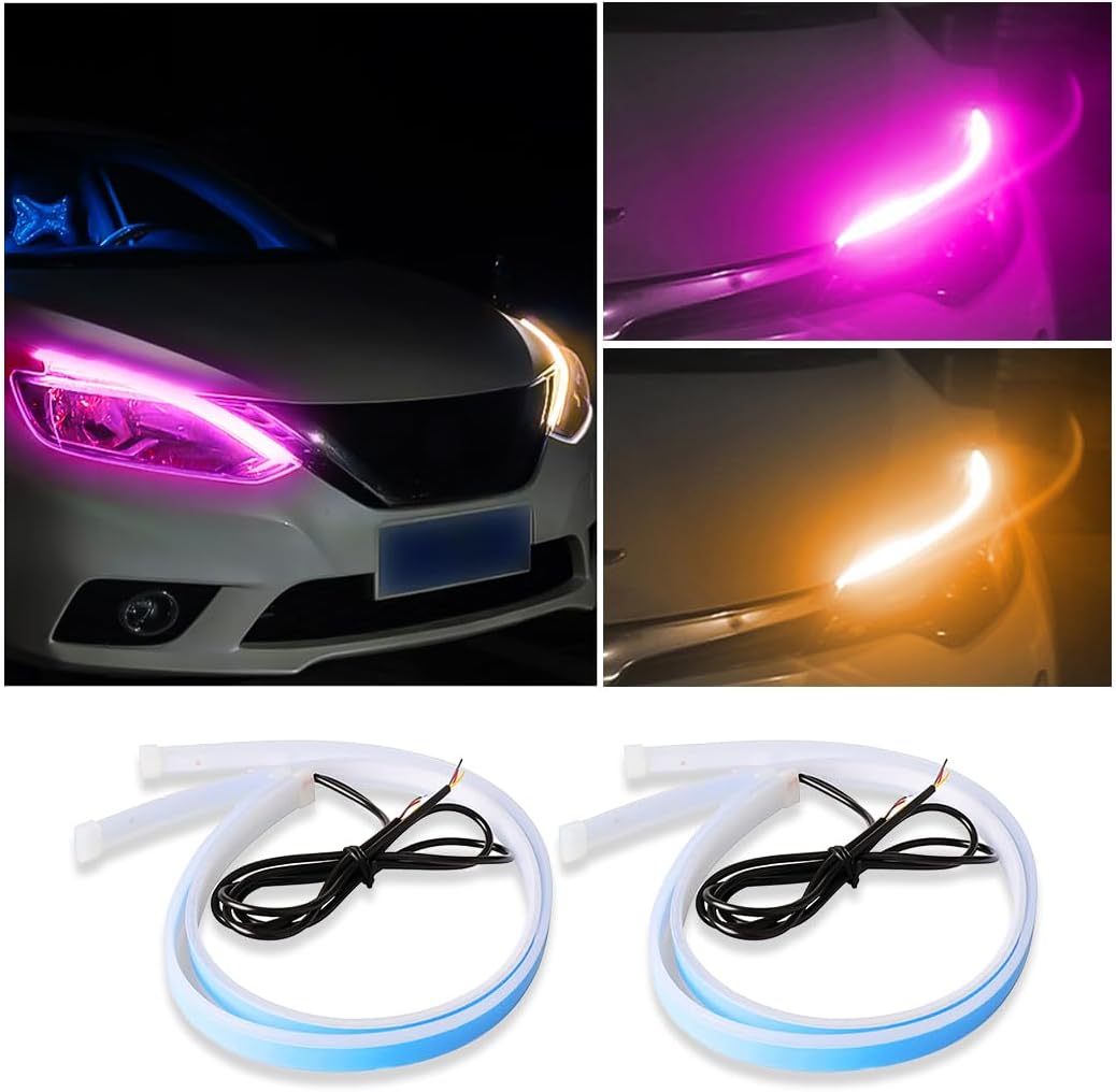 Tiras LED para faros delanteros de automóvil, 2 tiras flexibles de doble color, tira de luz LED impermeable para circulación diurna, accesorios
