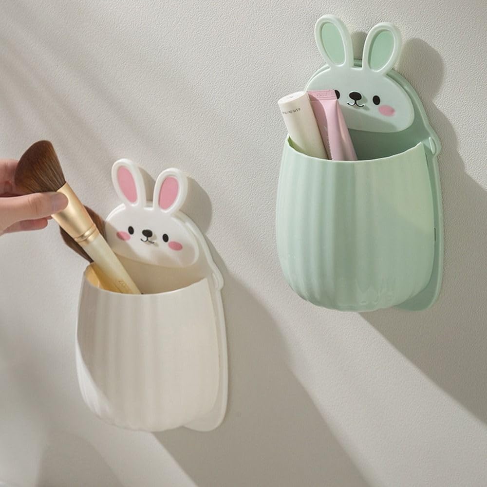 1 caja de almacenamiento con forma de conejo, soporte para cepillos de dientes montado en la pared, estante de almacenamiento de pasta de dientes,