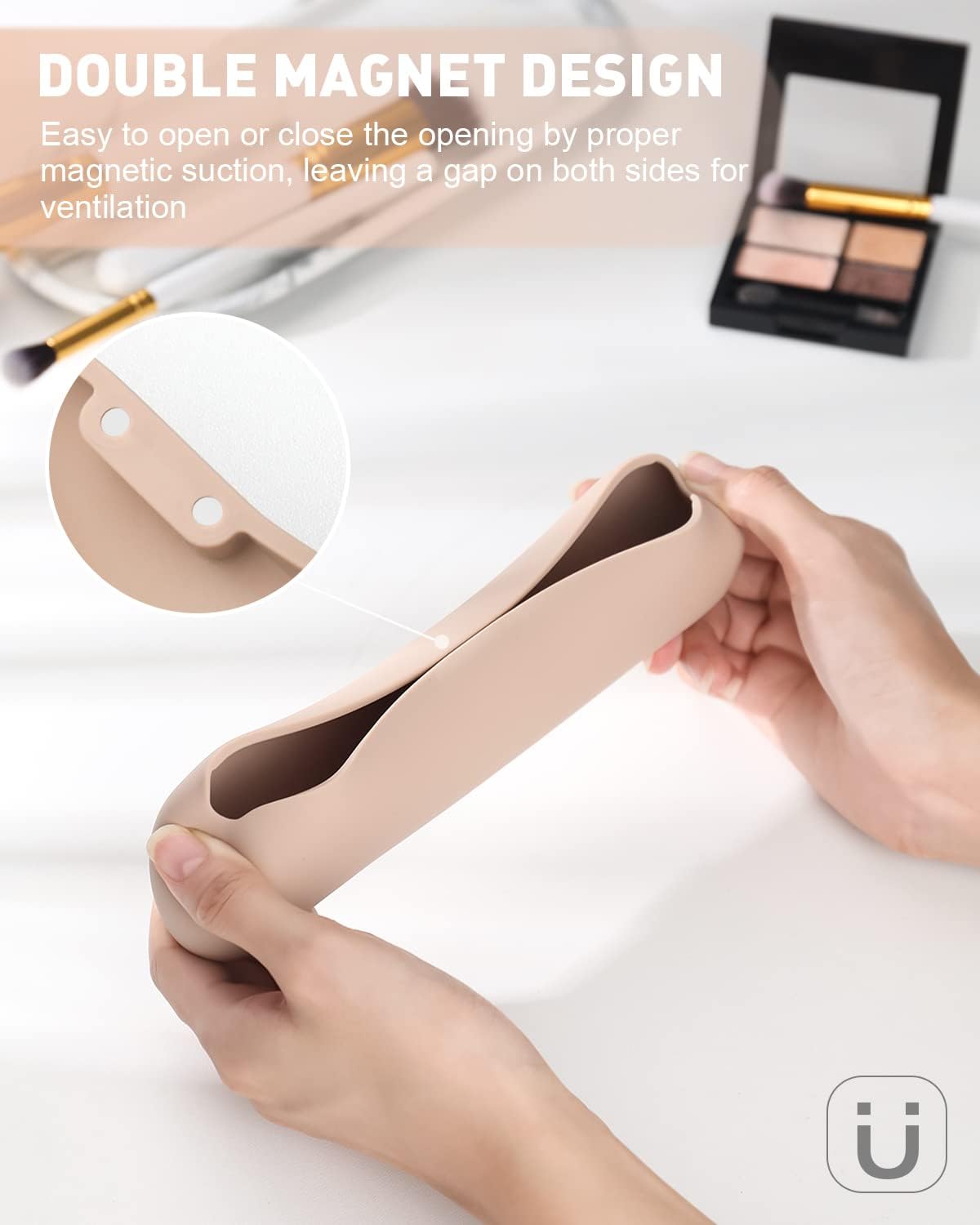 Soporte grande para brochas de maquillaje con bloqueo magnético, organizador de brochas de maquillaje de silicona mejorado con diseño anticaídas,