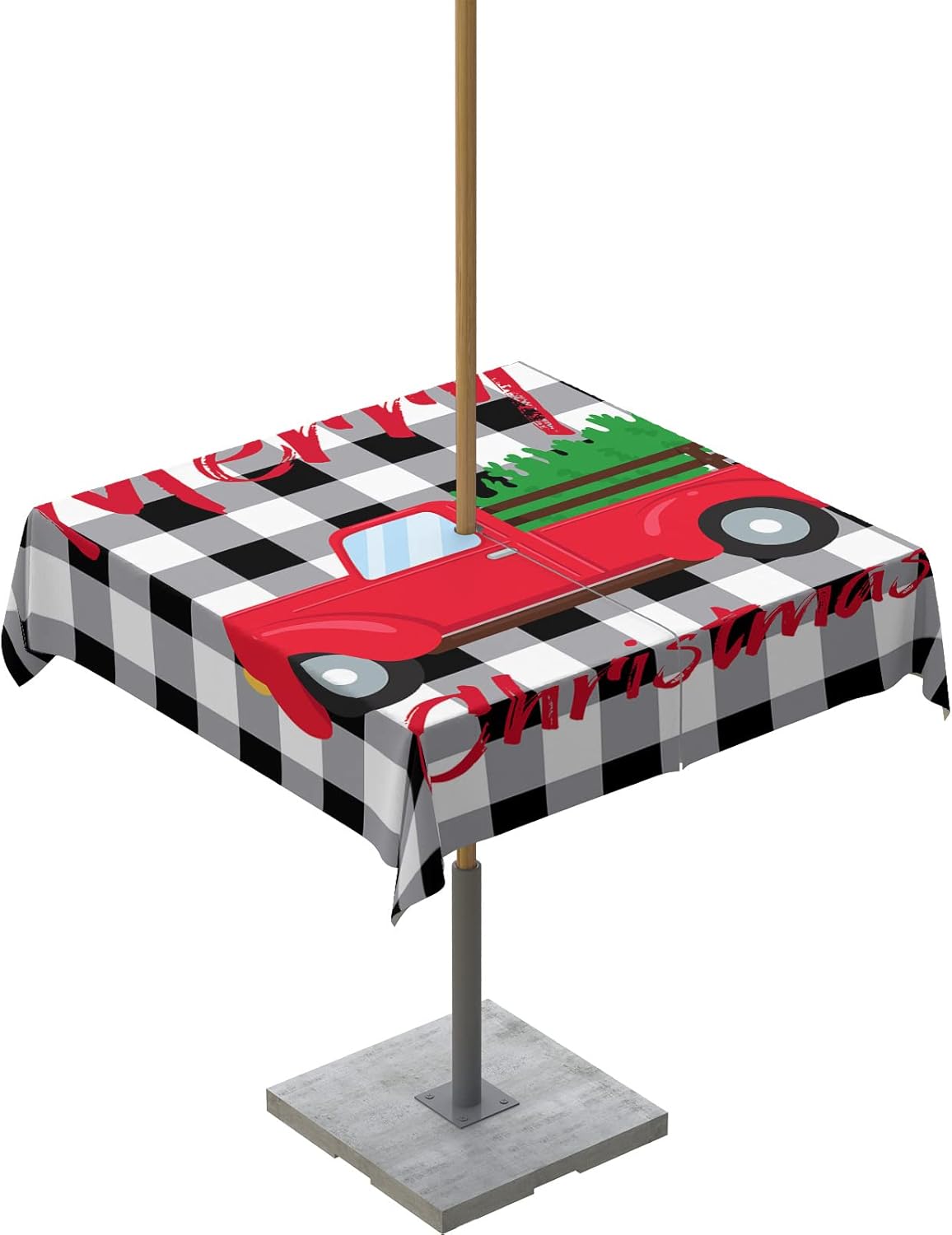 Outdoor Tablecloth with Umbrella Hole 54 x 54 Inch, Merry Christmas Farmhouse Red Xmas Truck Black White Buffalo Plaid Square Zippered Waterproof