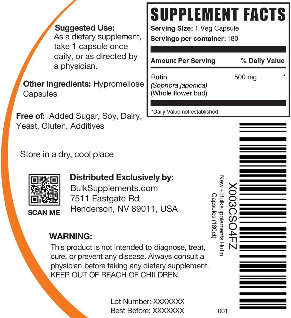 BULKSUPPLEMENTS.COM Rutin 500mg Cápsulas – de Saphora Japonica, suplemento de rutina, píldoras de rutina – Suplemento antioxidante – Vegano y sin