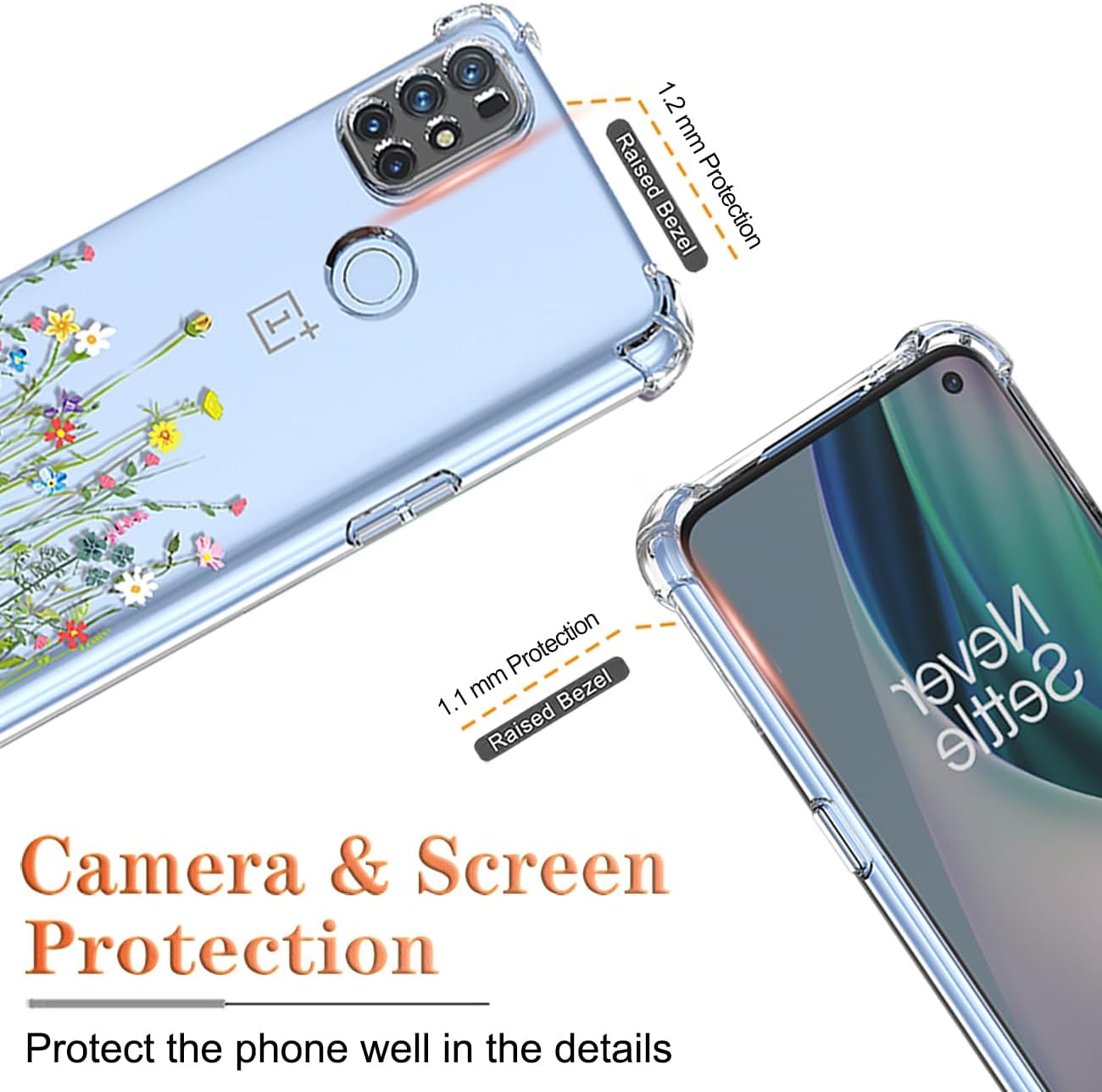 Funda para OnePlus Nord N100, OnePlus N100 BE2013 con protector de pantalla, funda transparente con patrones de jardín de flores, funda protectora