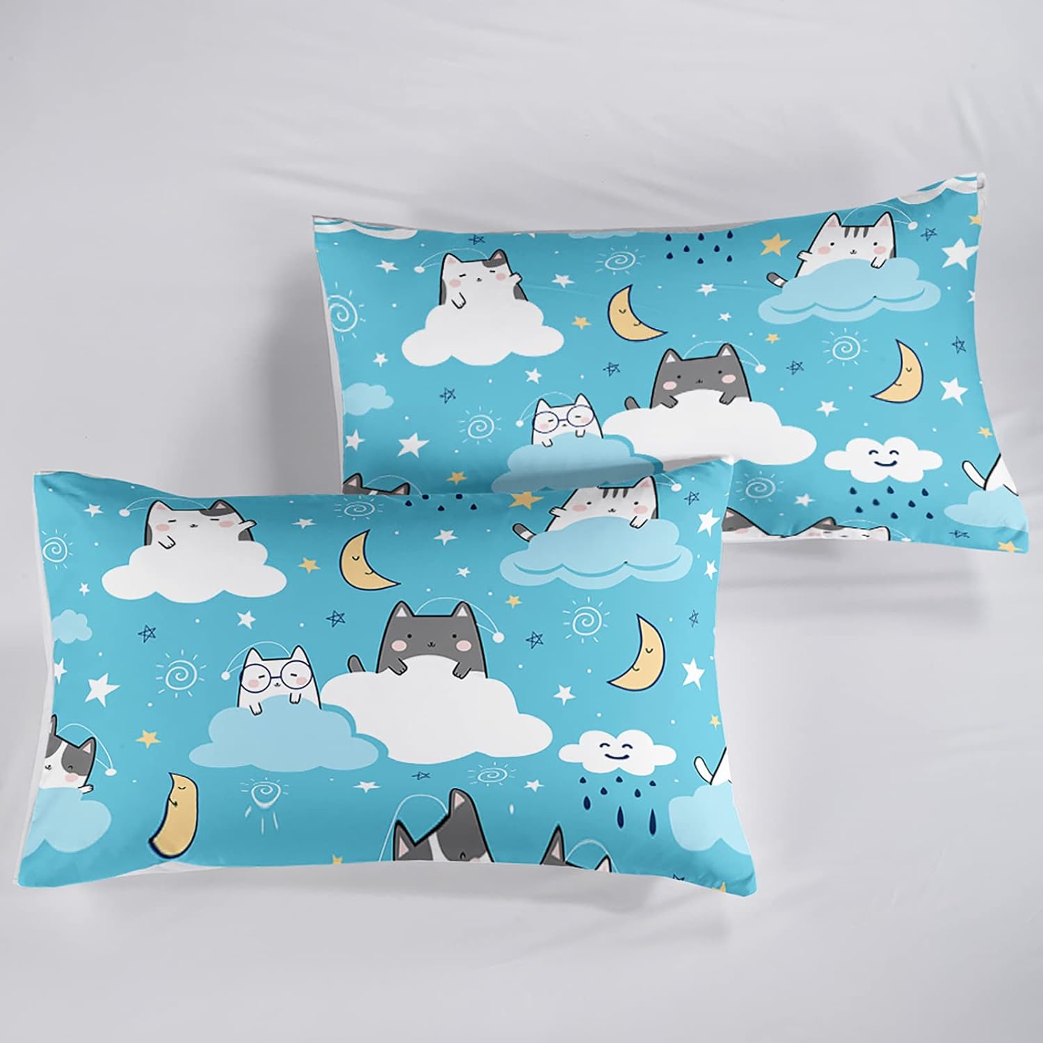 QOOMO Edredón de gato tamaño individual, juego de edredón de gatos de nube azul para niños, adolescentes, niñas, niños, juego de ropa de cama