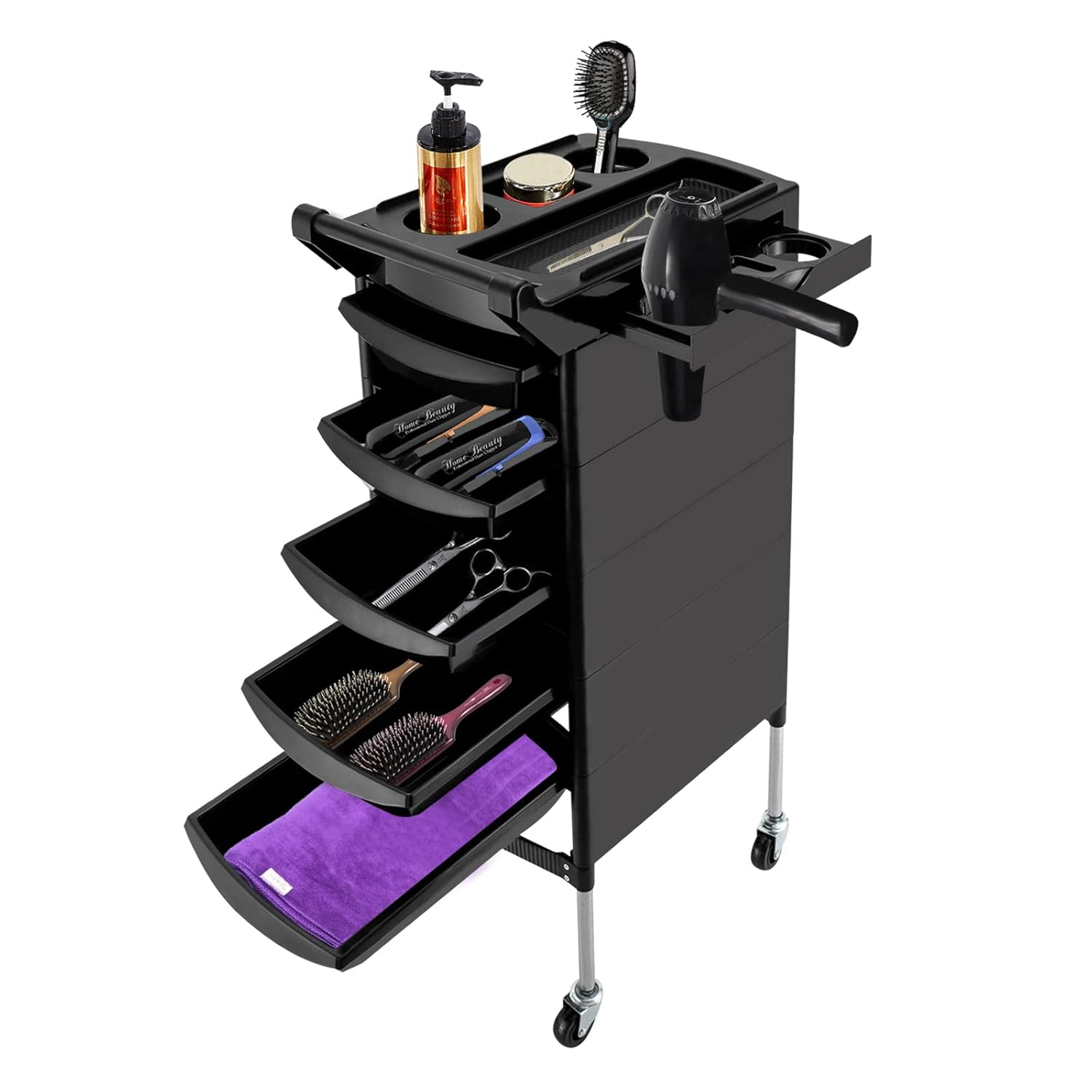 Carrito de salón de belleza de 6 niveles con mango+ruedas rodantes bandeja de almacenamiento con 5 cajones peluquería peluquería herramienta