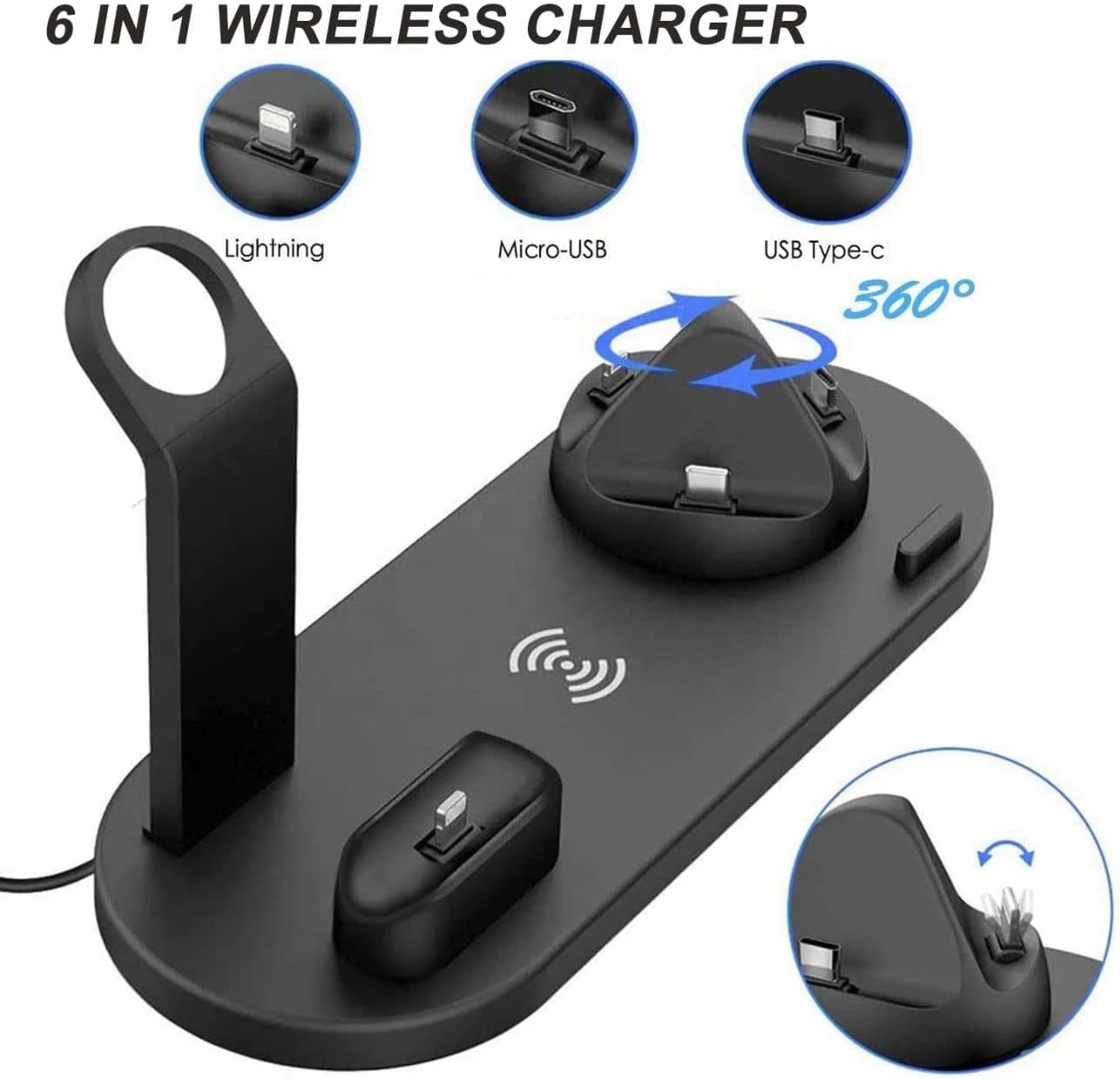 Cargador inalámbrico 4 en 1 Cargadores multifunción 15w Fast 6 en 1 Base de carga para AirPods Watch Phone iPhone 14131211propro maxXXmax (negro)