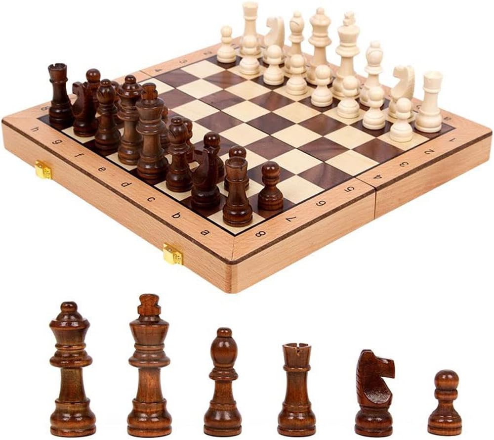 ROLTIN Juego de ajedrez plegable de madera magnético con 2 reinas adicionales, tablero de juego hecho a mano interior para almacenamiento para