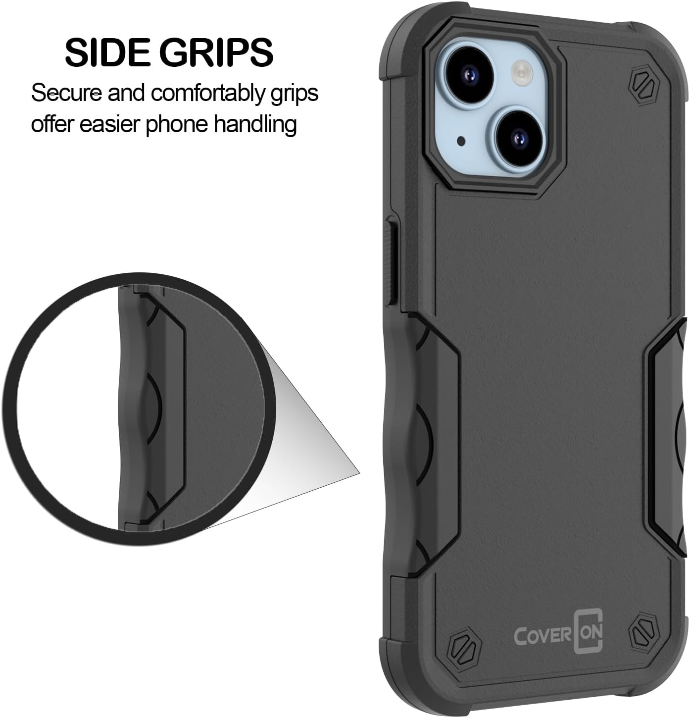 CoverON Funda resistente diseñada para Apple iPhone 15, resistente grado militar A de plástico duro, TPU híbrido, agarre de la piel, funda rígida