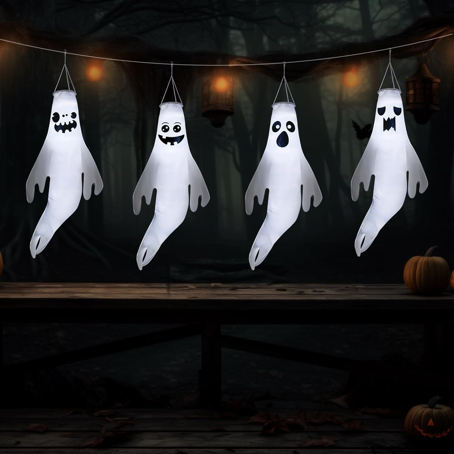 4 turbinas de viento fantasma de Halloween de 45 pulgadas para decoración al aire libre, lindo fantasma con control remoto y cadena de luz LED, 8
