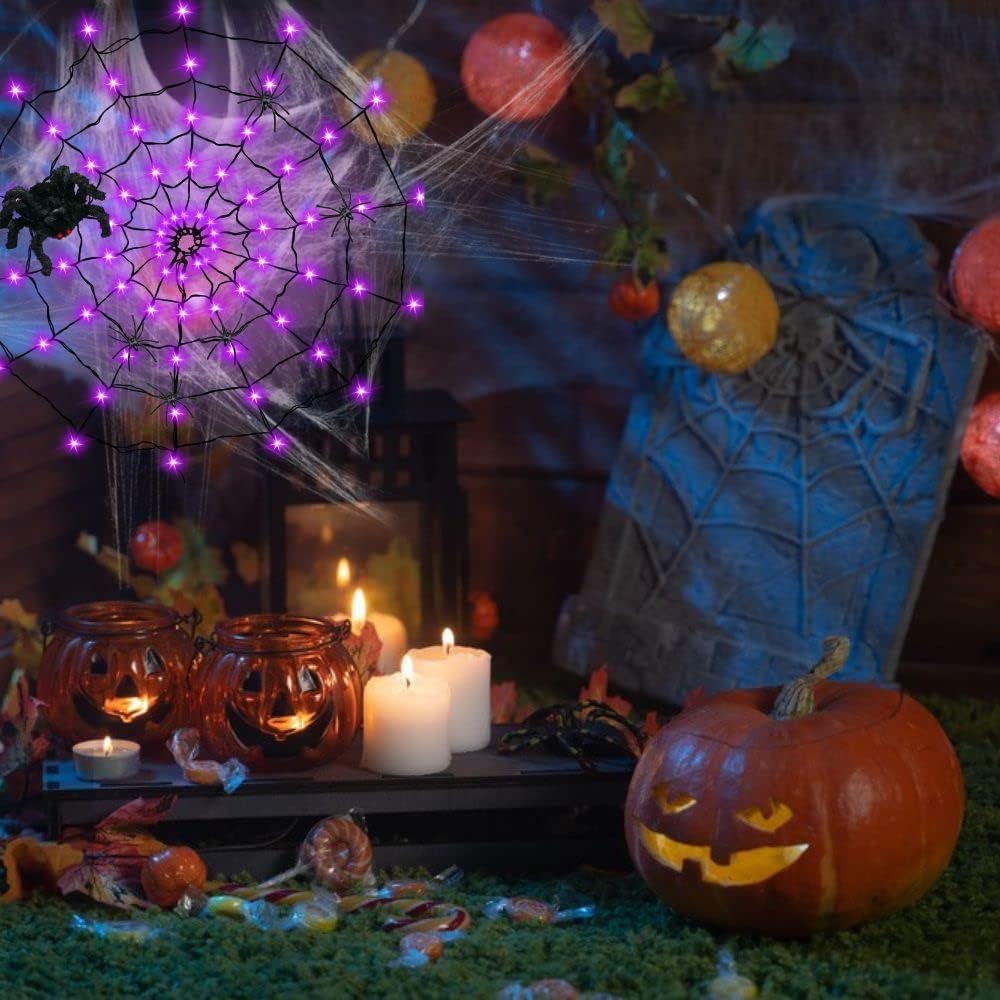 GVANCA Luces de telaraña de Halloween Decrations, 70 luces LED de telaraña para decoración de Halloween en interiores y exteriores, impermeables,