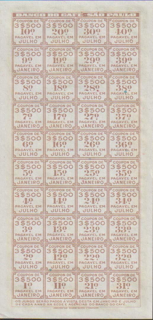 1890 BR LG RARE ORNATE BANCO DO CAFE (COFFEE BANK) BILL! 1 OF EARLIEST BANKS IN BRAZIL! HISTORIC! 100 MIL REIS Crisp Uncirculated w Negligible Edge