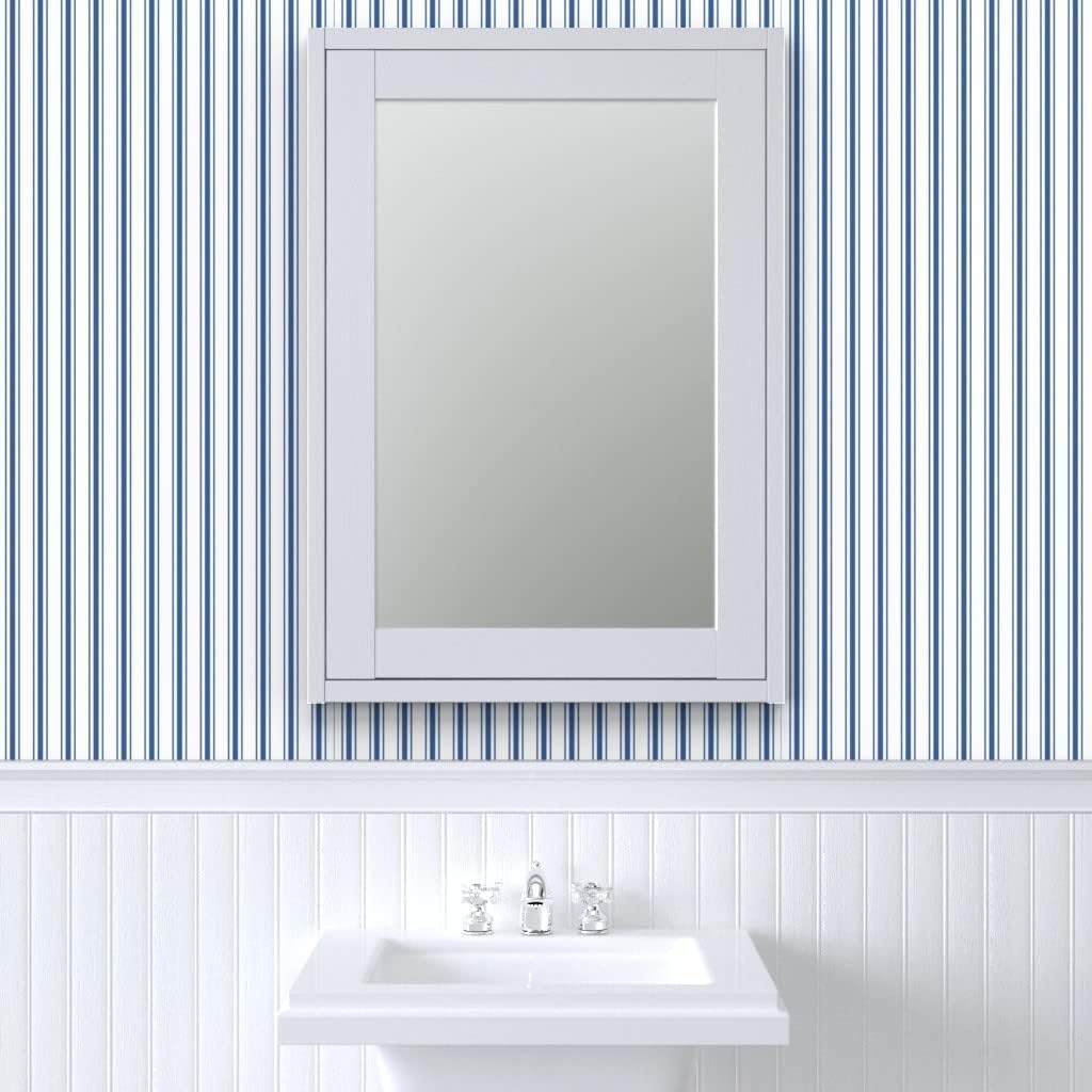 Spoonflower Removable Wallpaper 3ft x 2ft – French Ticking Stripes Striped Pattern Dark Blue White Farmhouse Custom Pre-Pasted Wallpaper