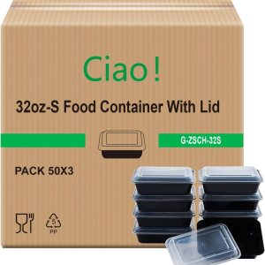CIAO! Recipiente de alimentos rectangular negro moldeado por inyección de 32oz con tapa (150caja) CIAO! Recipiente de alimentos rectangular negro moldeado por inyección de 32oz con tapa (150caja)