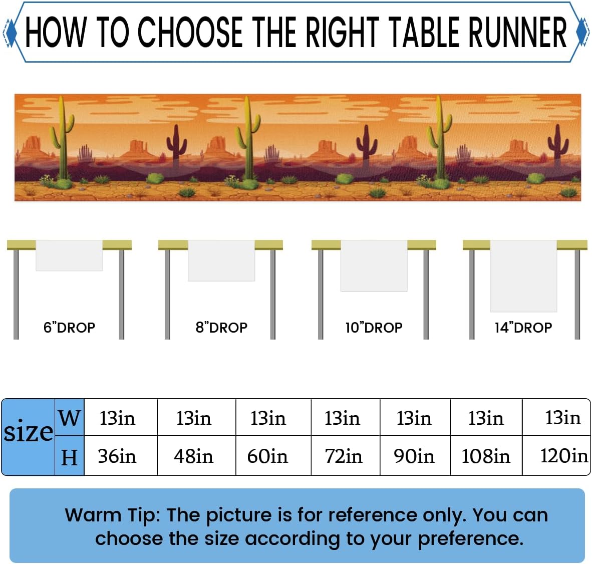 Table Runner Cartoon Cactus Desert Landscape, Rustic Linen Table Cloth, Kitchen Dining Table Decoration for Home Party Decor 13 x 48 Inches