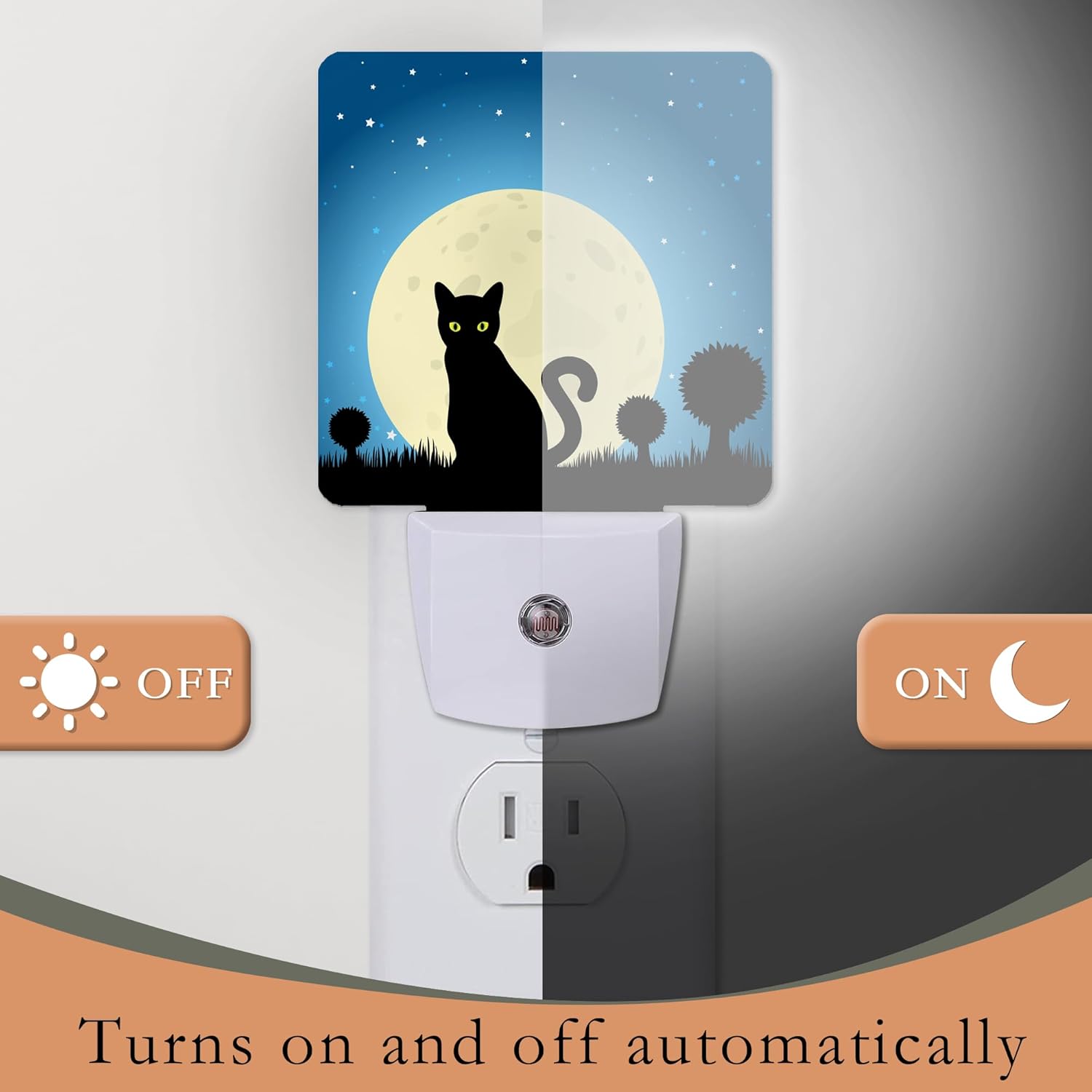 Luces nocturnas de Halloween enchufables a la pared, luz nocturna de luna de gato negro, sensor de atardecer a amanecer, lámpara LED de 0.5 W para