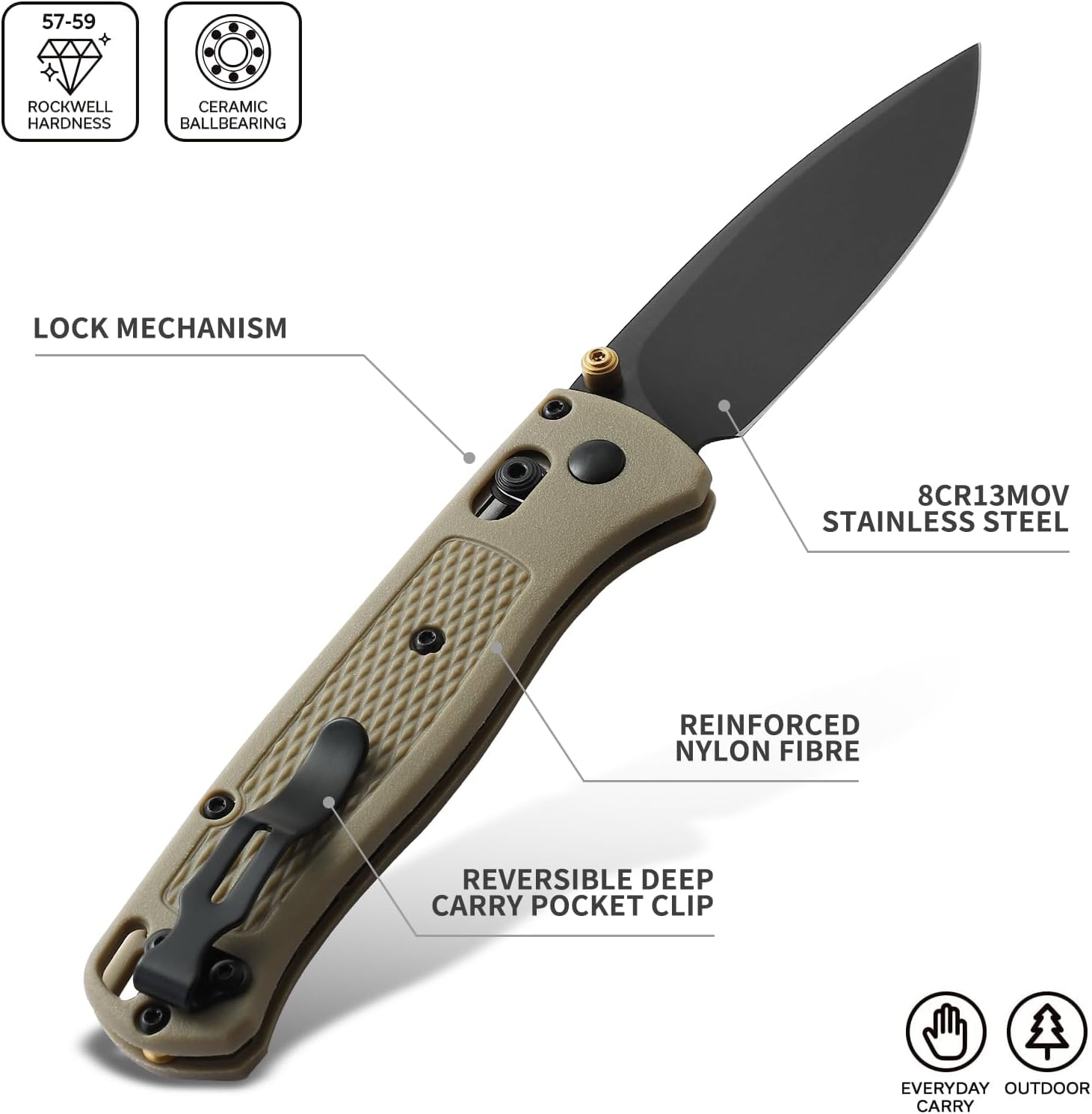 Cuchillos plegables EDC para hombres, apertura manual de polea 7.4 hombres, hoja 8Cr13MoV, vástago de fibra de nailon reforzado, cuchillo plegable