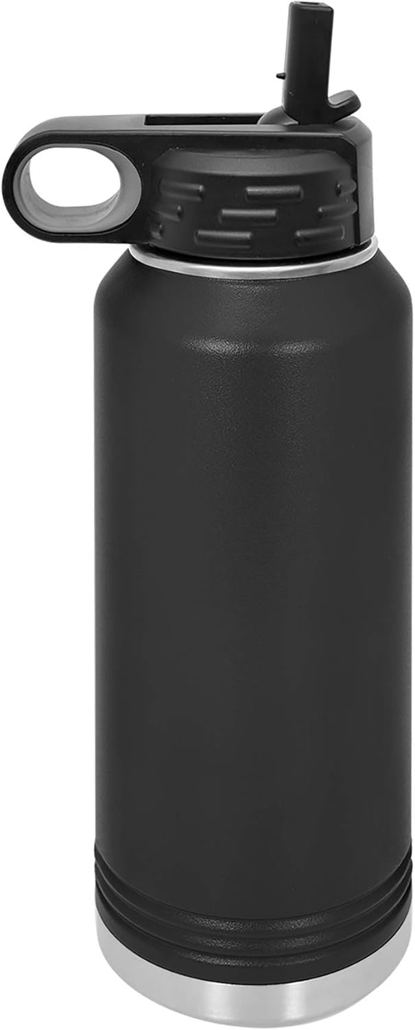 LaserGram Botella de agua con tapa abatible de doble pared de 40 onzas con pajita, dragón, grabado personalizado incluido (negro)