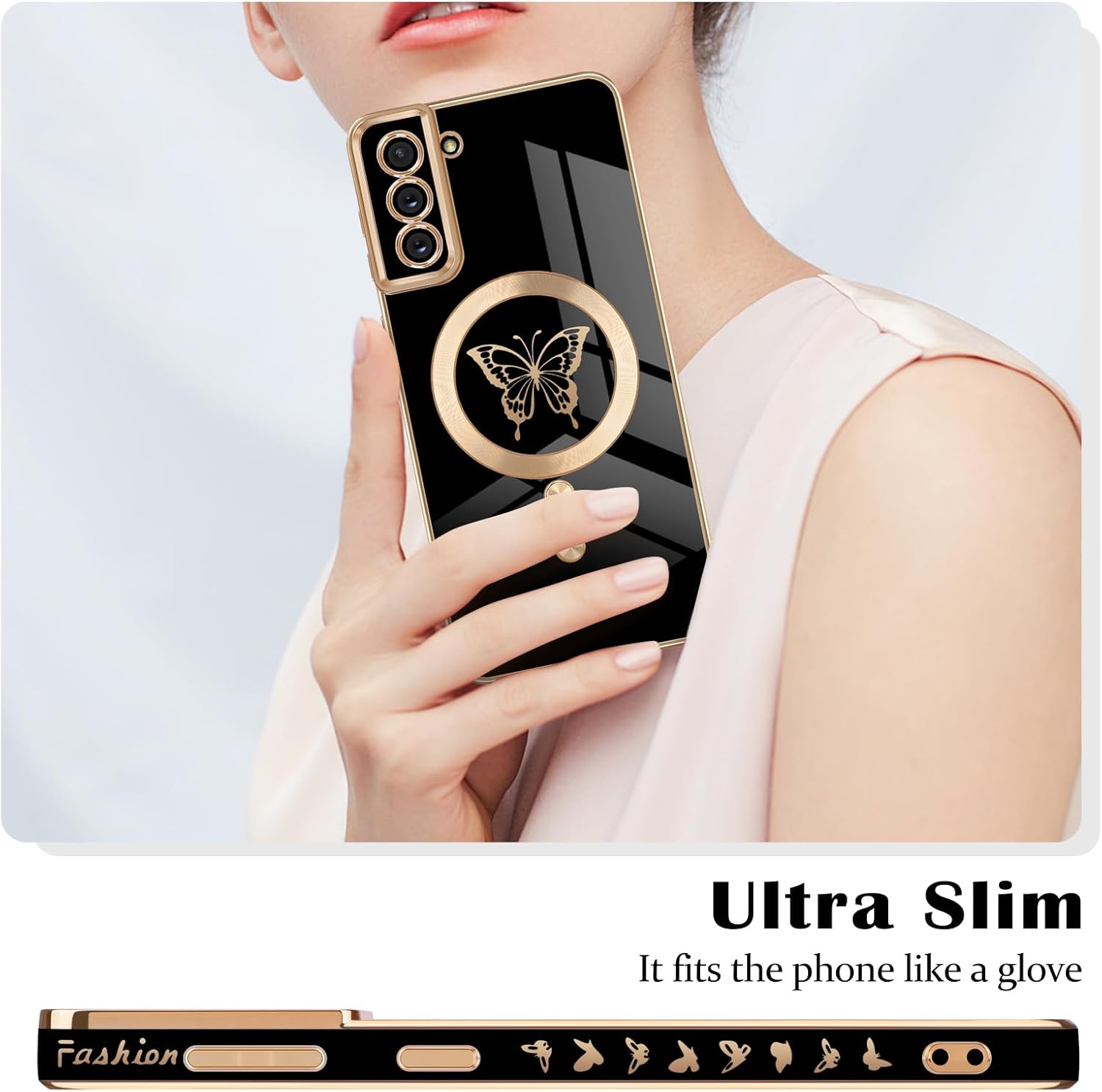 Funda magnética para Samsung Galaxy S21 Plus 5G, bonita funda con borde chapado en mariposa con MagSafe para mujeres, niñas y hombres, TPU suave, a