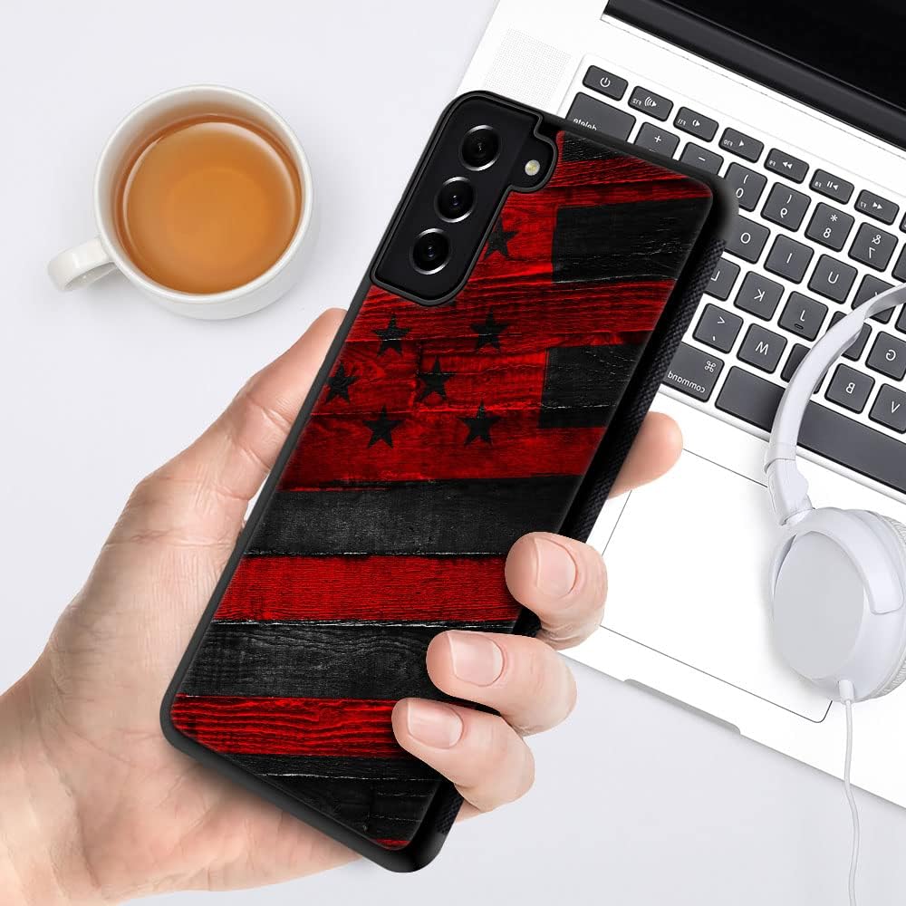 DJSOK Funda compatible con Samsung Galaxy S21 Ultra, diseño de bandera estadounidense de grano de madera negro y rojo + funda protectora de silicona