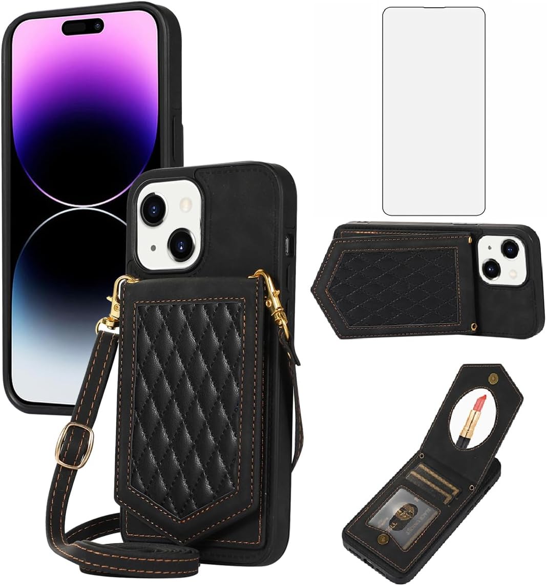 Asuwish Funda para iPhone 15 Plus de 6.7 pulgadas, funda tipo cartera con protector de pantalla y espejo para tarjeta de crédito, correa cruzada