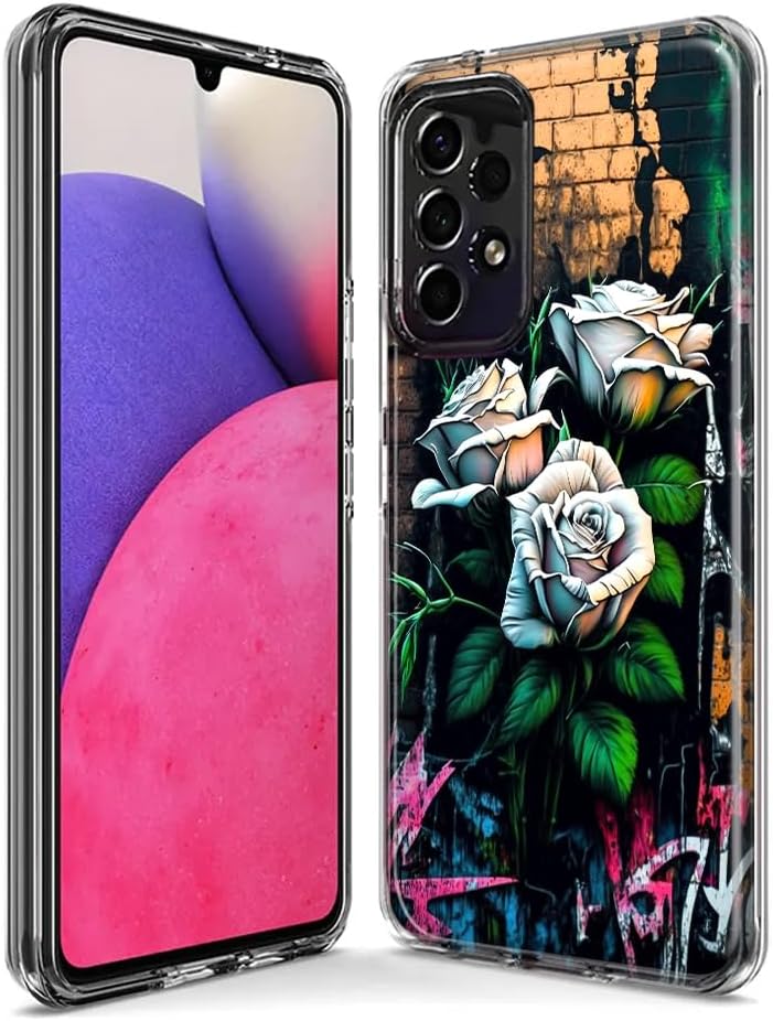 MUNDAZE – Case for Samsung Galaxy A52 Slim Hybrid Shockproof Hard Shell Soft TPU Heavy Duty Protective Phone Cover – White Roses Graffiti Wall Art