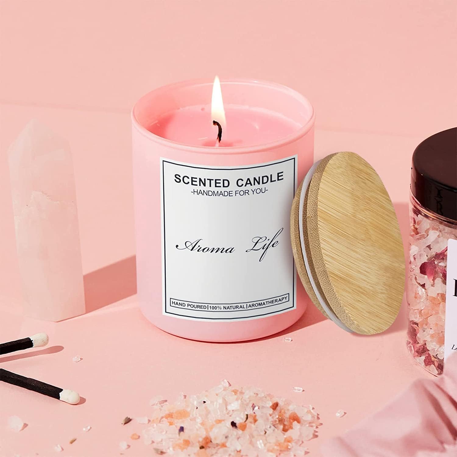 Creahaus Paquete de 16 tarros de vela gruesos de 10 onzas con tapas de bambú para hacer velas, recipientes de vela de vidrio vacío rosa a granel y